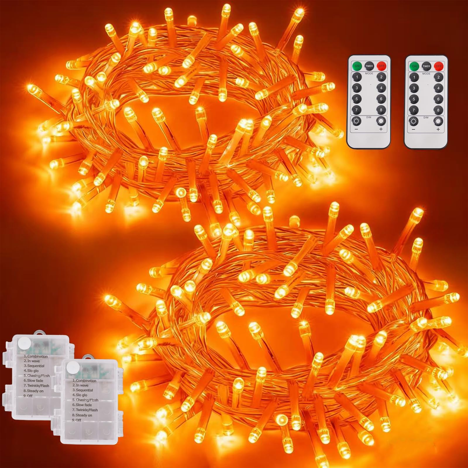 YEGUO Thanksgiving Lights Battery Operated, 2 Pack Each 33ft 100 LED Orange String Lights Outdoor Waterproof, Clear Wire Fairy C