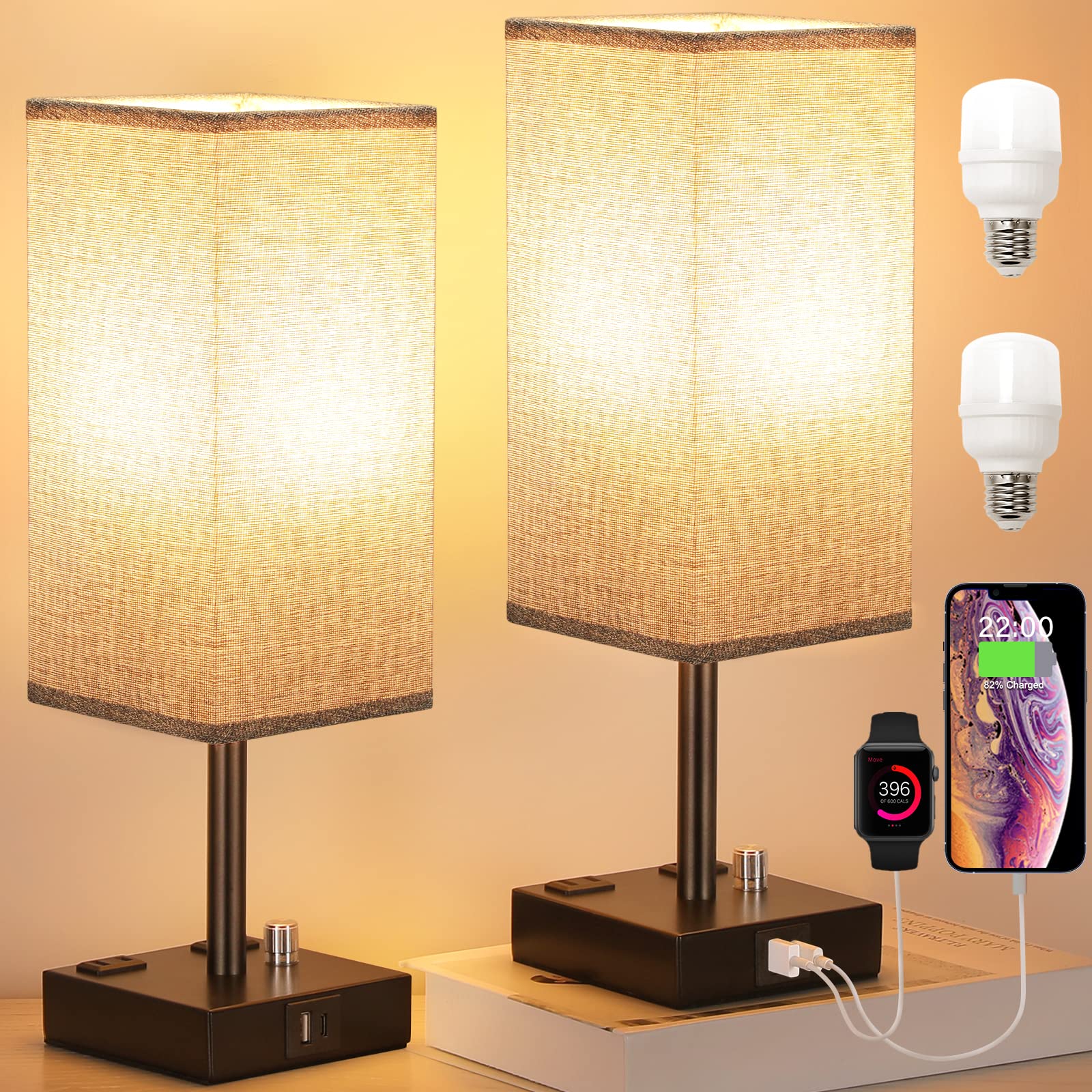 Gray Fully Dimmable Nightstand Lamps Set Of 2 - Table Bedside Lamp With Usb C+A Charging Ports & 2 Ac Outlets, Square Lamp Sets