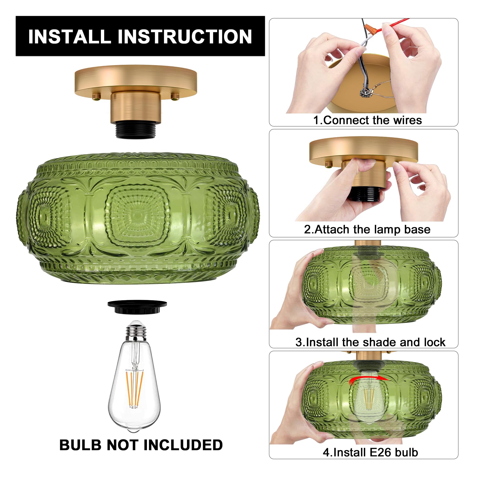 OYKYOHEI Semi Flush Mount Ceiling Light, Green Glass Fixture, 9.38" Art Deco Design for Hallway, Bedroom, Bulb Not Included