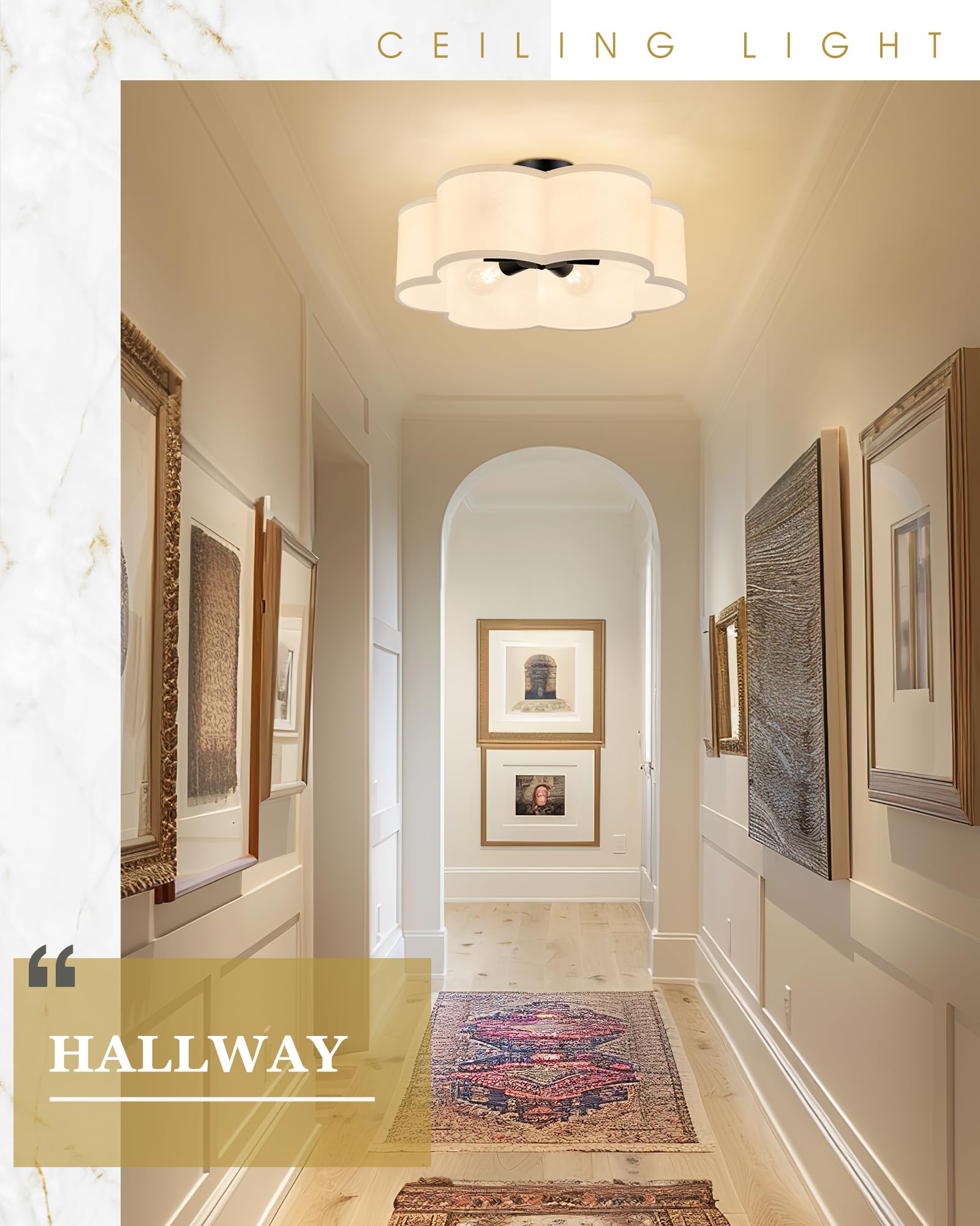 Audickic Black Semi Flush Mount Ceiling Lights, 6-Light 18Inch Ceiling Light Fixtures With Fabric Drum Shade In Flower Shape For