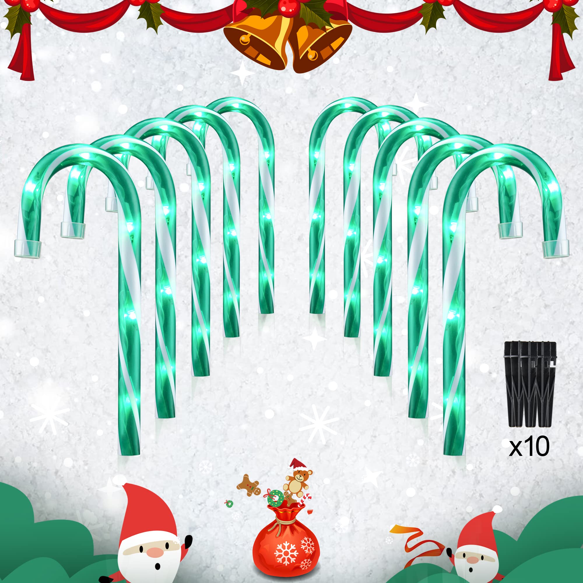 PerPaiMe Christmas Candy Cane Lights - Set of 10 Pathway Markers, 10 inch Green Plastic Yard Decorations, Model HCH-50/1FD39