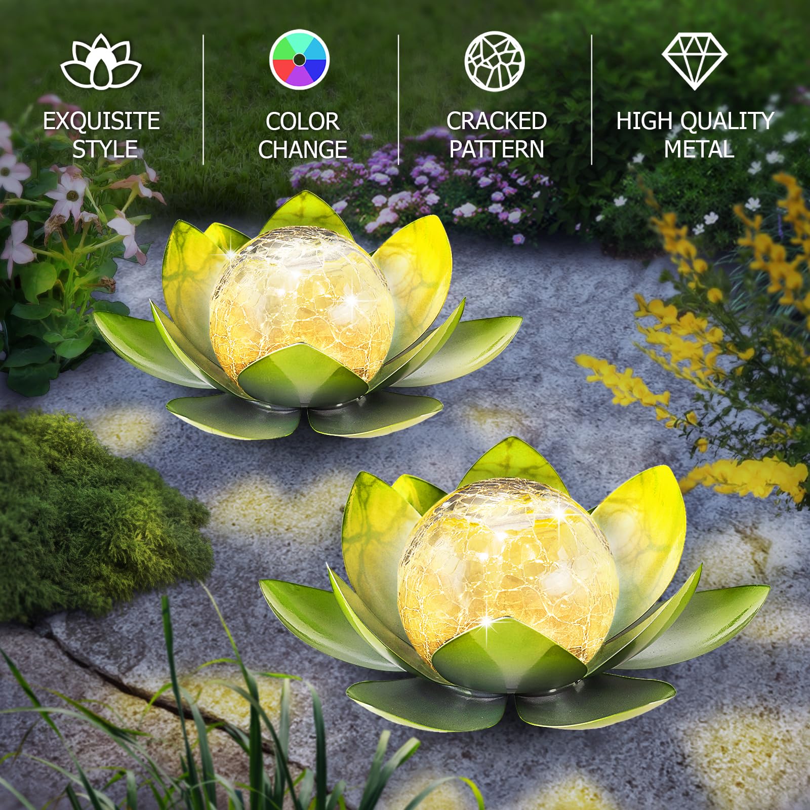 Aiiny Garden Solar Light Outdoor(2Pack),Crackle Globe Glass Lotus Decoration, Waterproof Metal Led Flower Lights For Patio,Lawn,