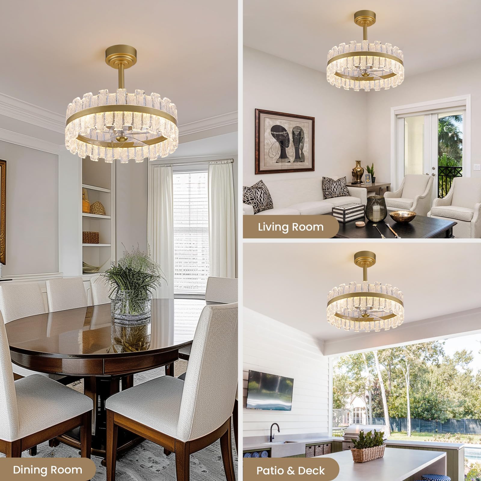 CROSSIO 20 Gold Caged Ceiling Fan with Light, Modern Water Ripple Acrylic LED Chandelier Ceiling Fan with Lights and Remote Co