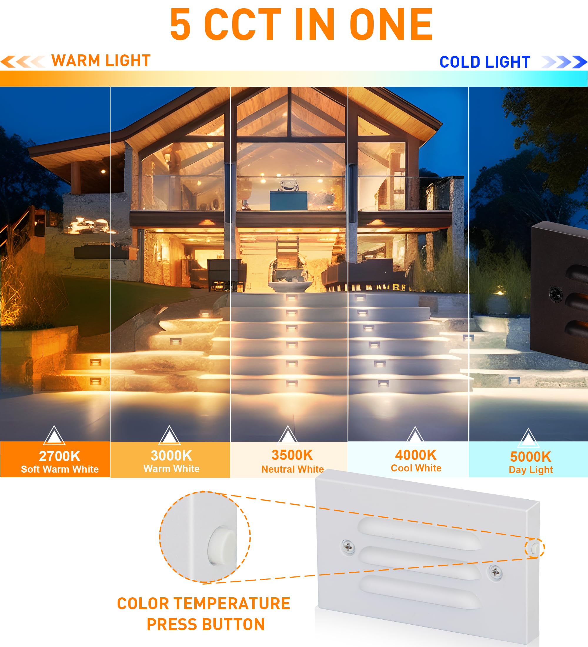 CLOUDY BAY LED Step Light 12V 4W, Aluminum, White, Horizontal Louvered Faceplate, Outdoor Stair Lighting, 6 Pack
