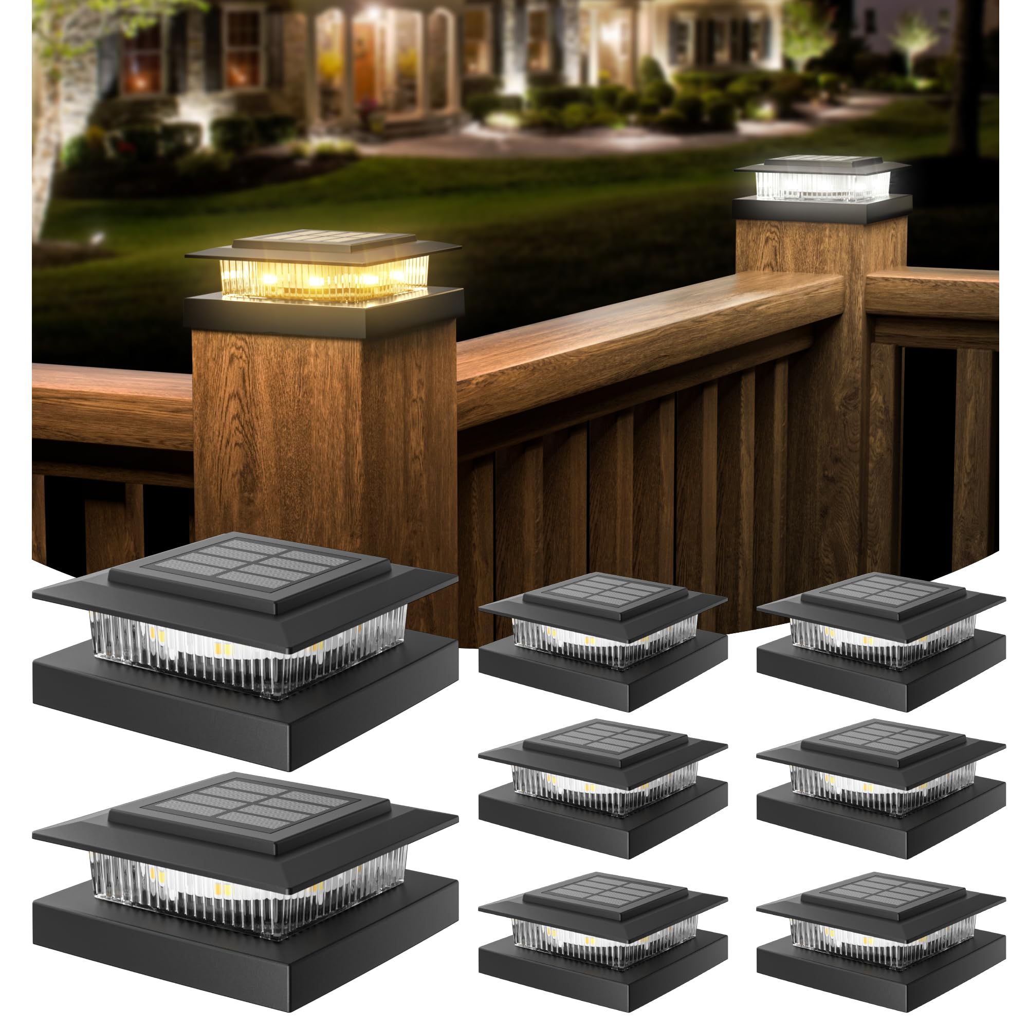 APONUO Solar Post Lights - 8 Pack, Warm/Cool LED, IP64 Waterproof, Easy Install, Black, Model M013