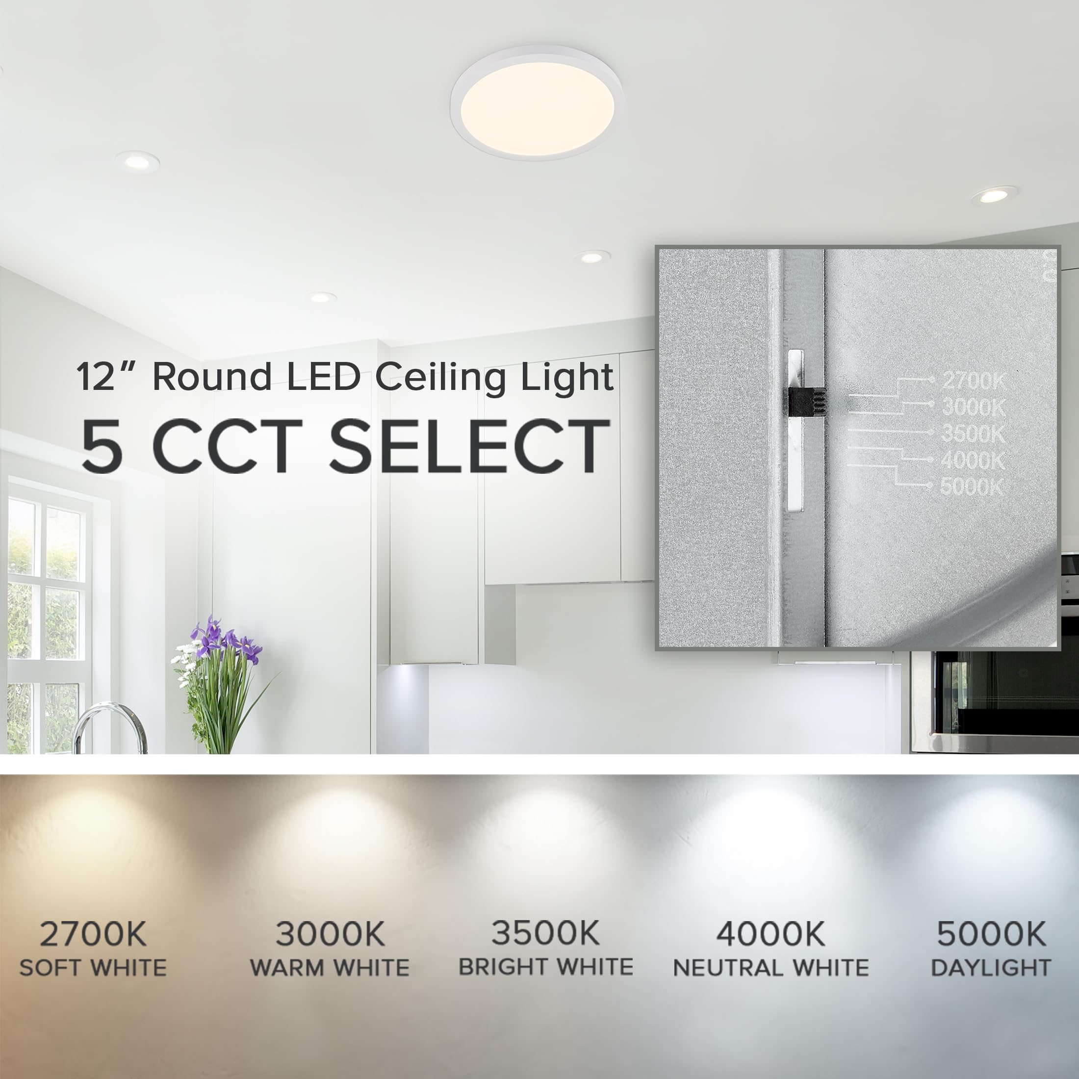 Maxxima LED Flush Mount Ceiling Light - 12 Inch, 2300 Lumens, Dimmable, 5 CCT Color Options, Round, White, Model MCL-6122105