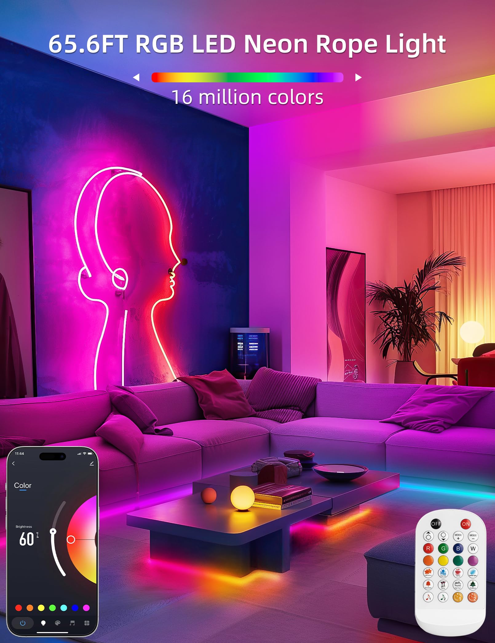 Lamomo LED Strip Lights 65.6Ft RGB Neon Rope Light with App Control, Music Sync, Waterproof, Flexible Silicone for Indoor Use