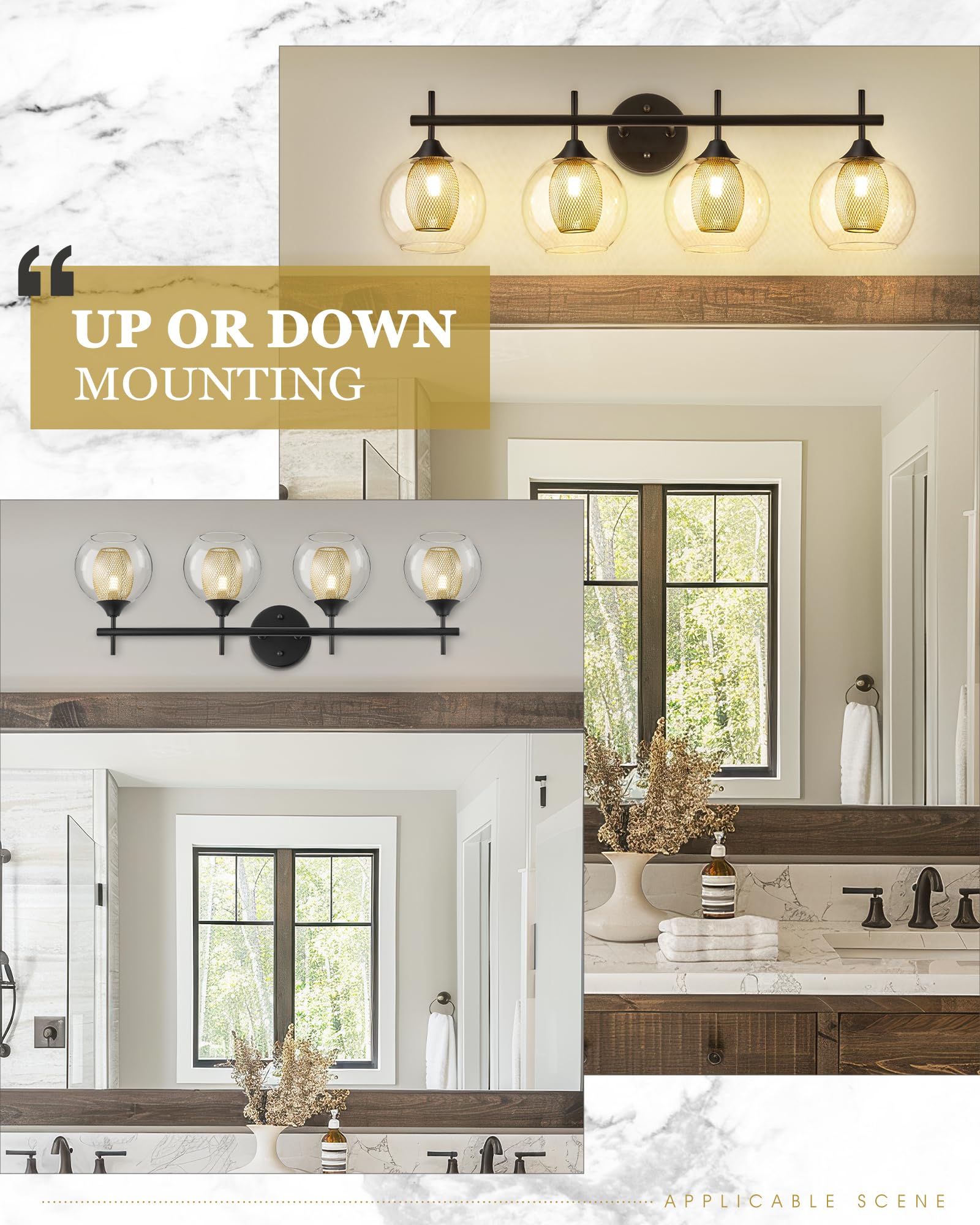 Audickic Bathroom Light Fixtures, 4-Light Black And Gold Vanity Lights Over Mirror, 30Inch Farmhouse Wall Sconce Lighting With C