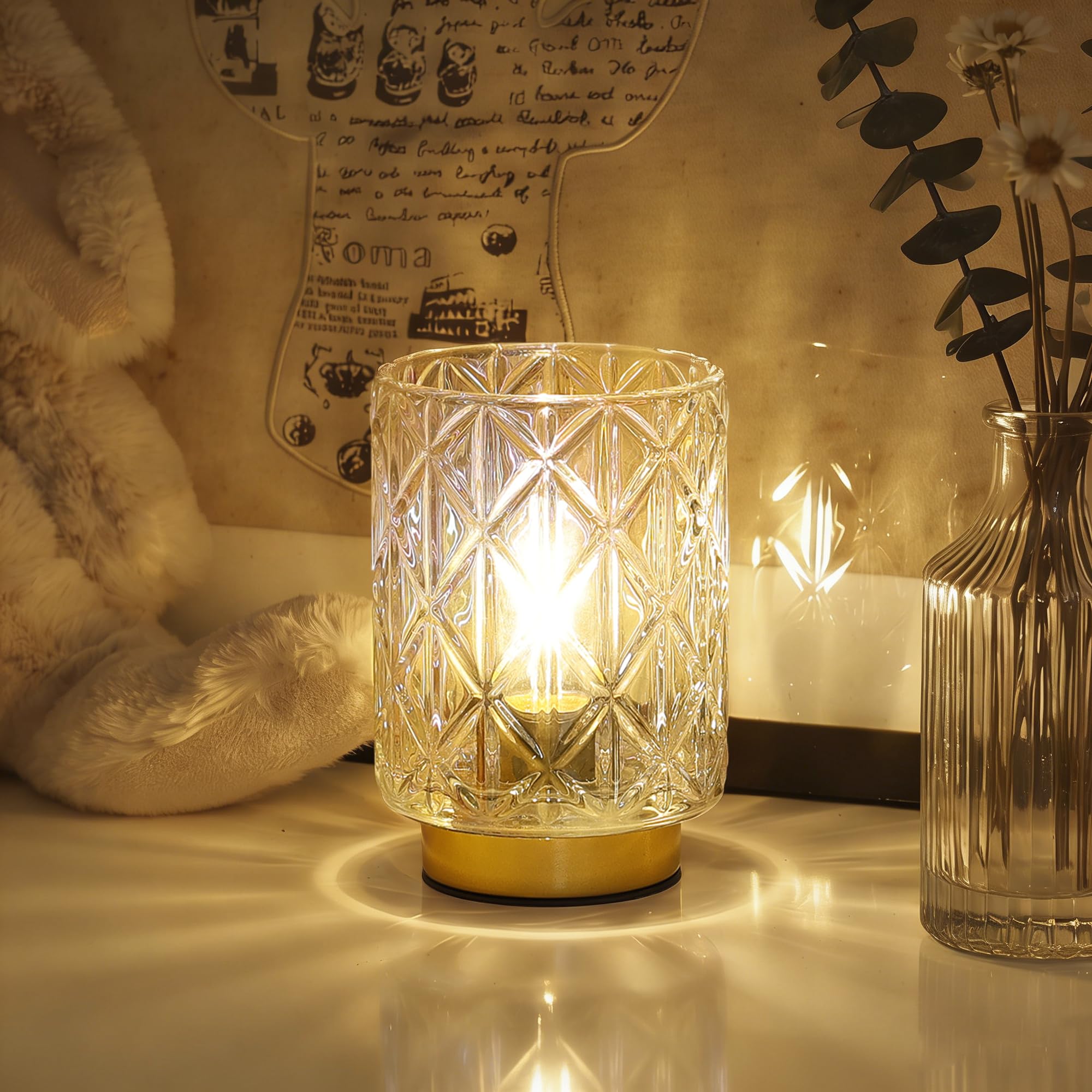 Battery Operated Lamp,Cordless Samll Glass Accent Lamp with Timer for Nightstand,Warm White Cozy Ambient Decorative Table Lamps 