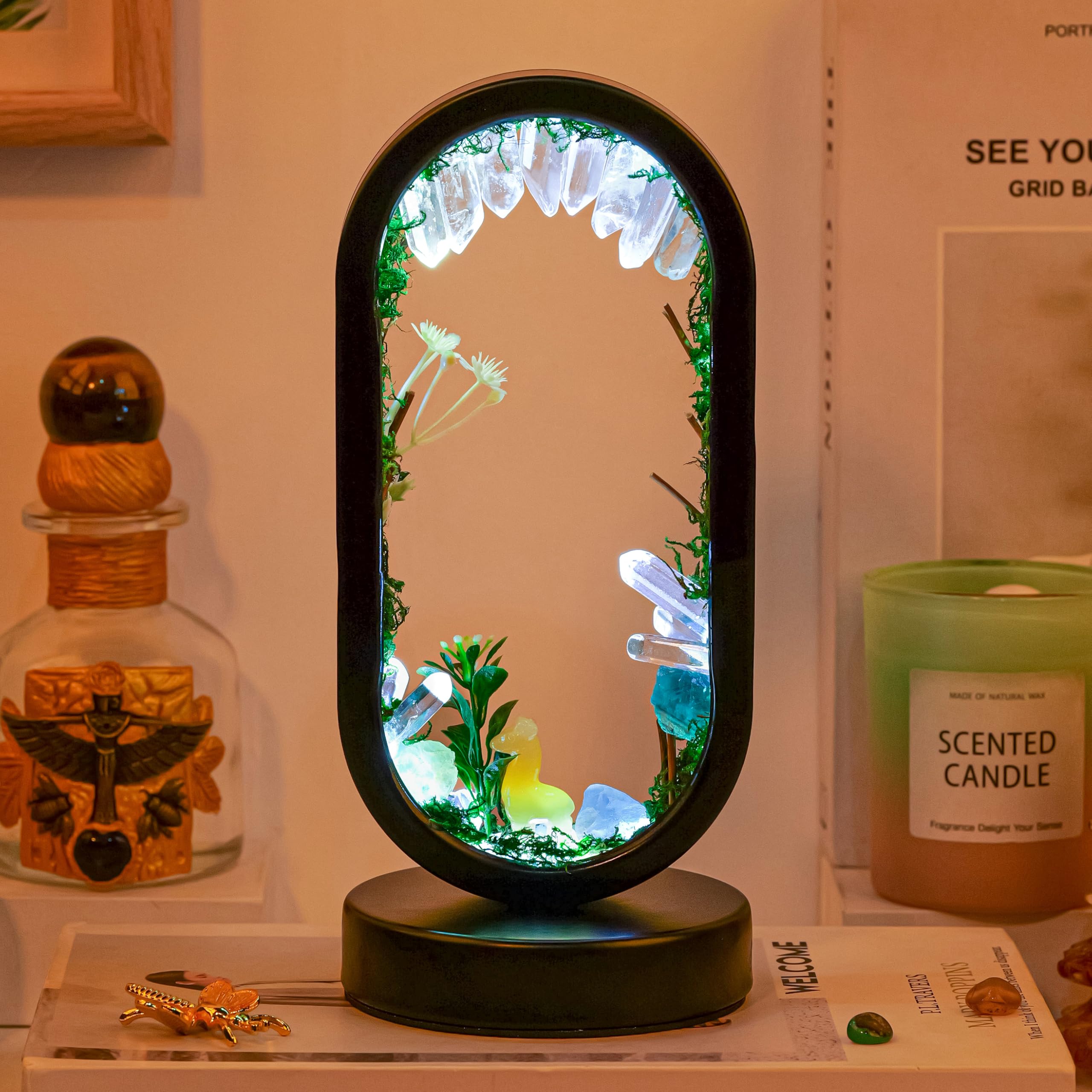 Runyangshi Natural Crystal Night Light - Oval Quartz Lamp, USB Powered, Tri-Color Ambient Lighting, Forest Style, Ellipse Shape
