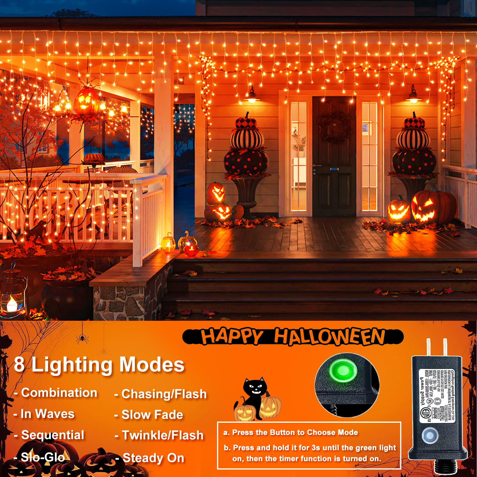 Xmasbokeh Icicle Lights For Outside, 33Ft 400 Led Christmas Lights With 8 Modes Waterproof, Plug In Connectable Curtain Hanging Lights For Outdoor Indoor House Roof Party Wedding, Orange