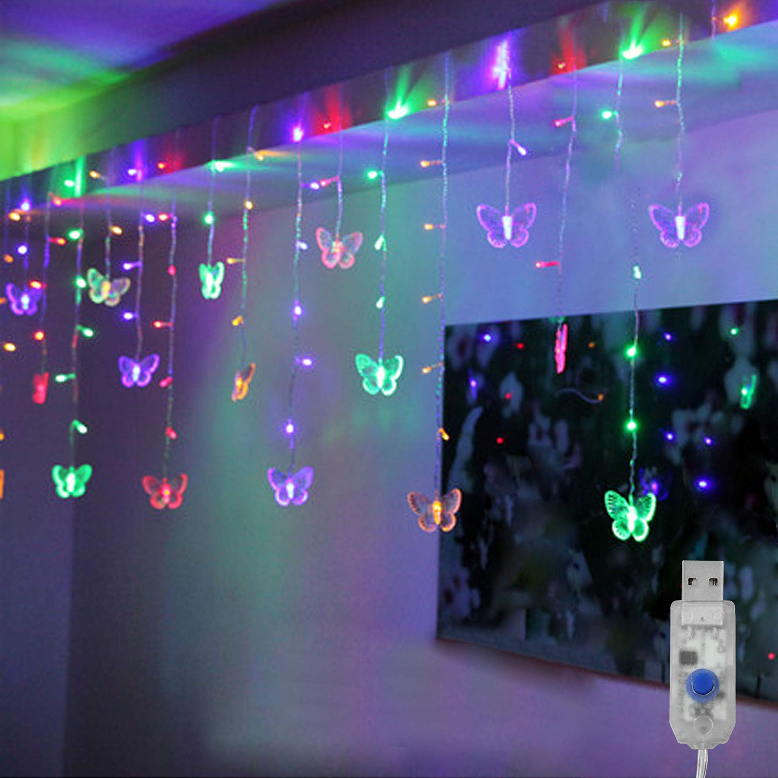Decorman Butterfly Curtain Lights, 4.9ft 48 LED USB Window Fairy Lights 10 Butterflies 8 Modes Firefly Twinkle String Lights for Room Bedroom Wall Ceiling Party Wedding Christmas (Colorful)