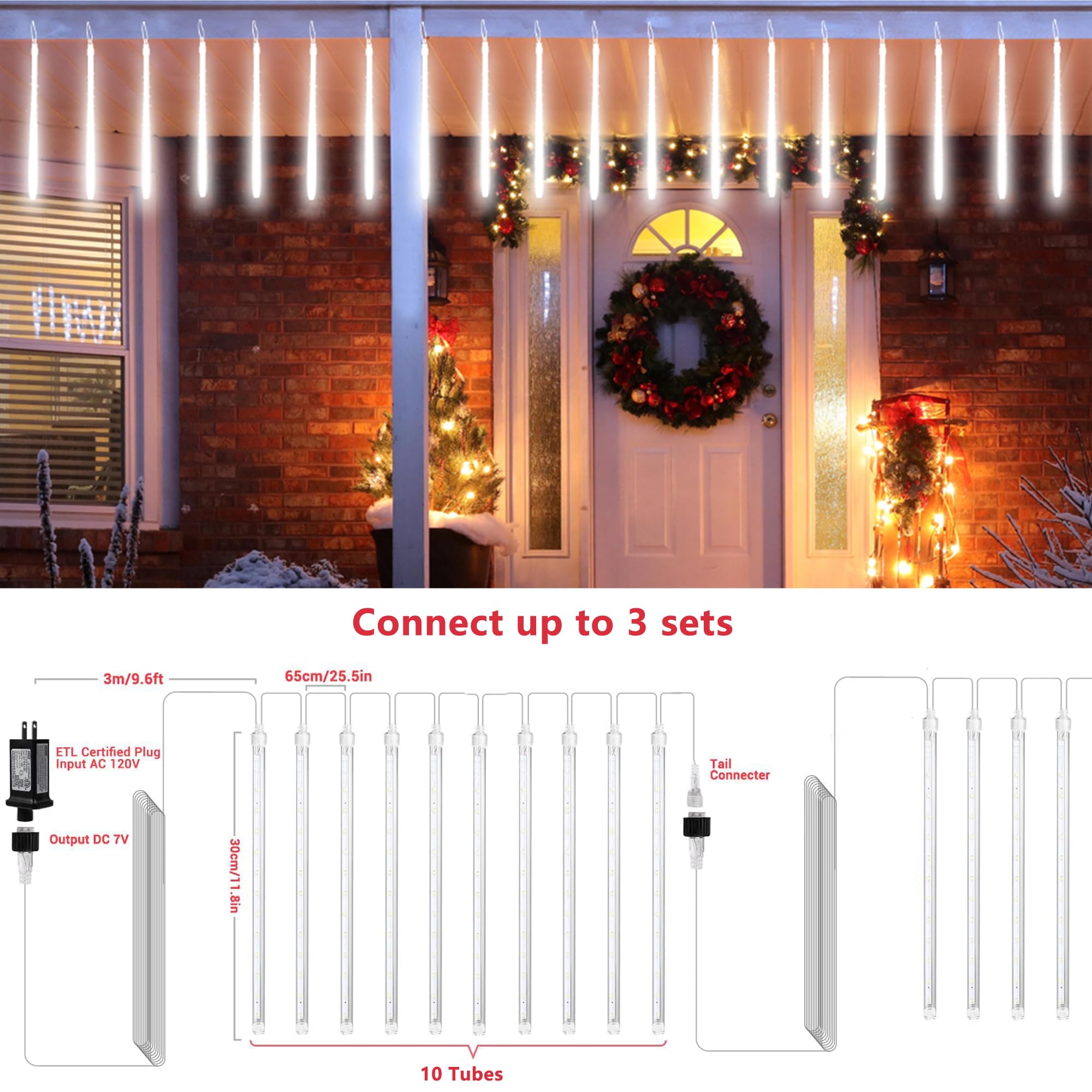 Joomer 2-Pack Christmas Lights Outdoor, 11.8 Inch 10 Tubes 240 Led Meteor Shower Lights, Led Falling Icicle Cascading Lights With Timer Waterproof And Connectable For Christmas Decoration (White)
