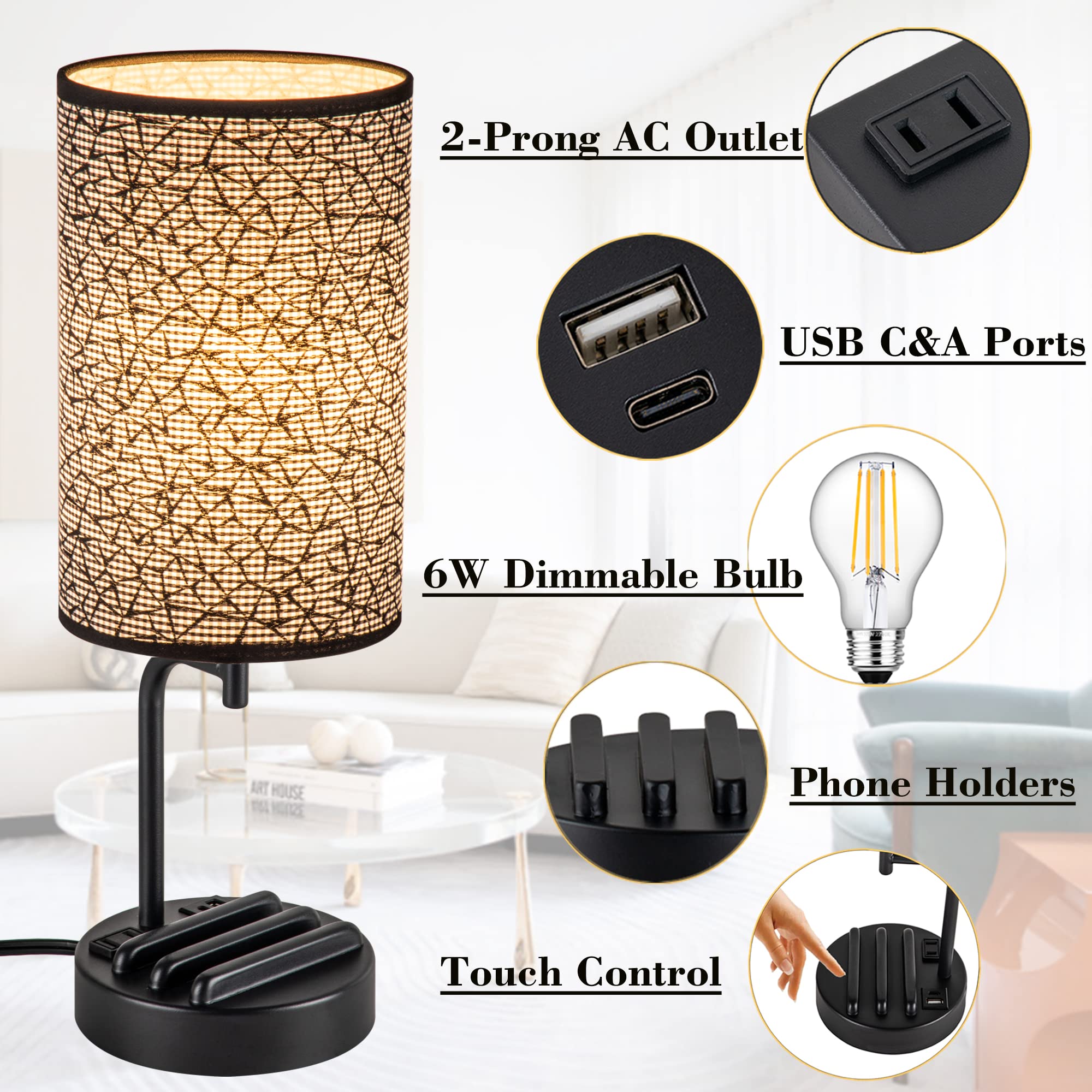 Dreamholder 3-Way Dimmable USB Table Lamp with Charging Ports - Black, Includes 9W LED Bulb, Ideal for Bedroom Nightstand