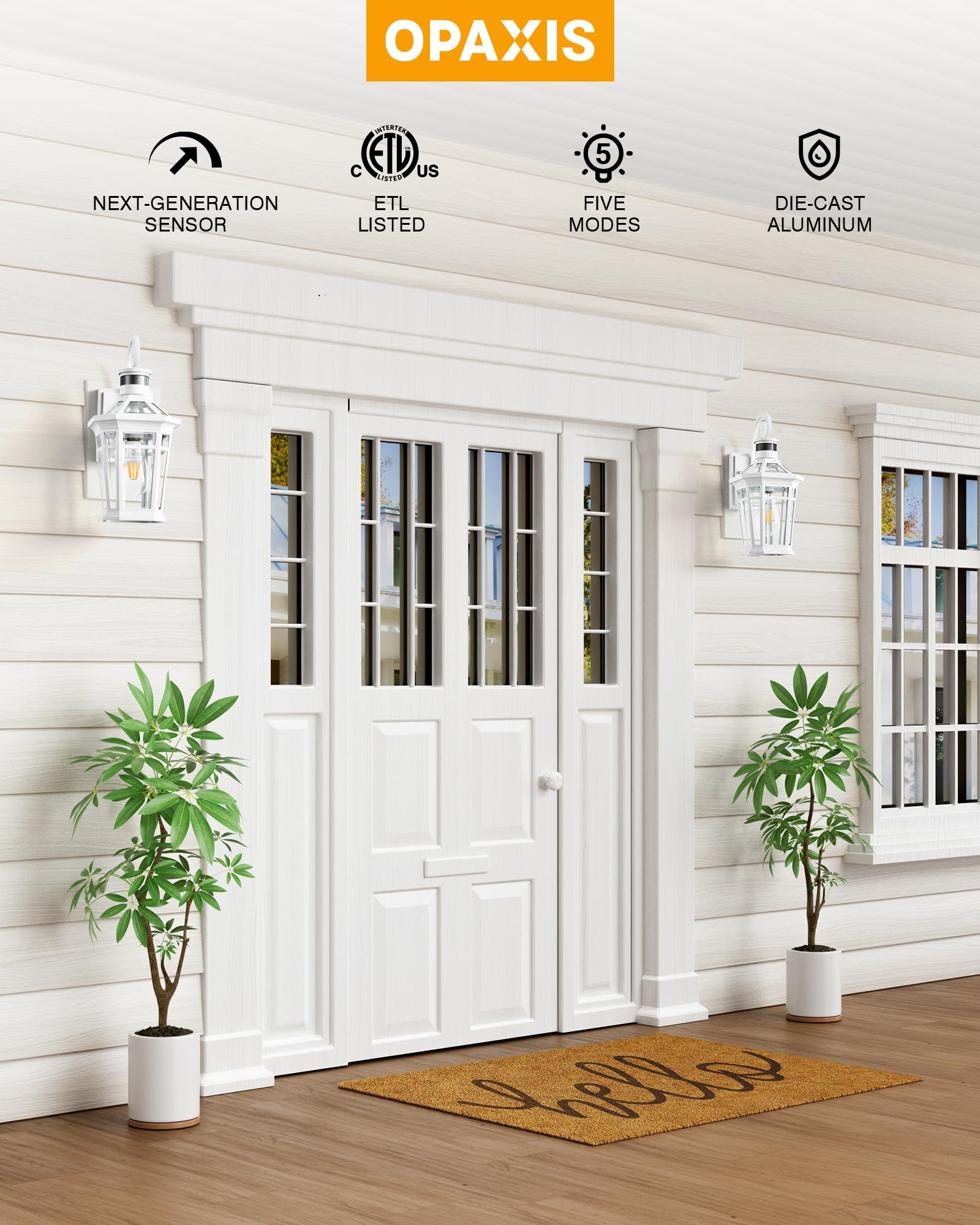 Opaxis 2 Pack Motion Sensor Outdoor Wall Lantern  White Outdoor Garage Lighting Fixtures Wall Mount  Waterproof Front Porch Lights With E26 Base  Exterior Sconce Light With Adjustable Sense Range