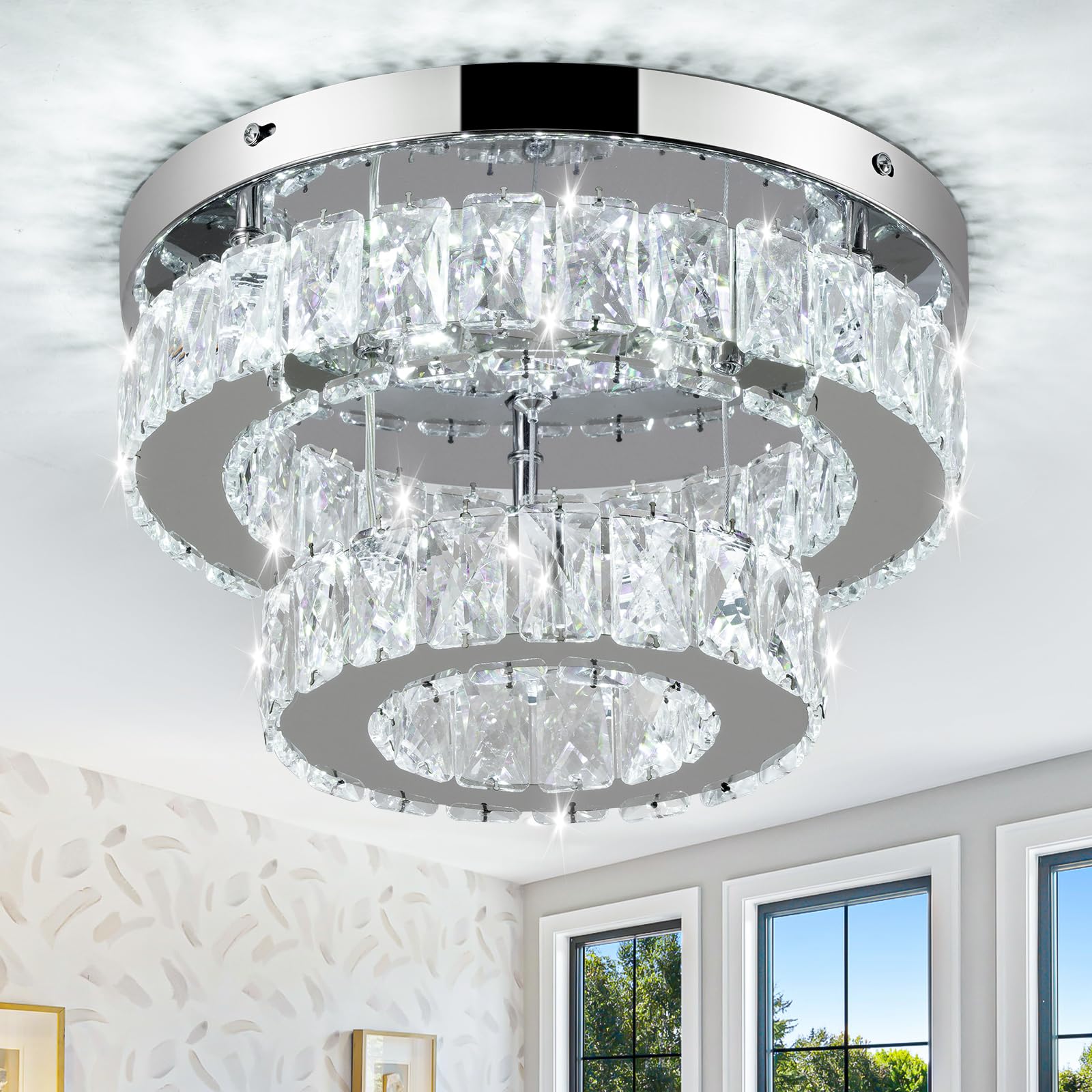 11.8 Inch Modern Mini Crystal Chandelier Led Flush Mount Ceiling Light - 2 Layer K9 Crystal, Small Chandelier For Bedroom, Hallw