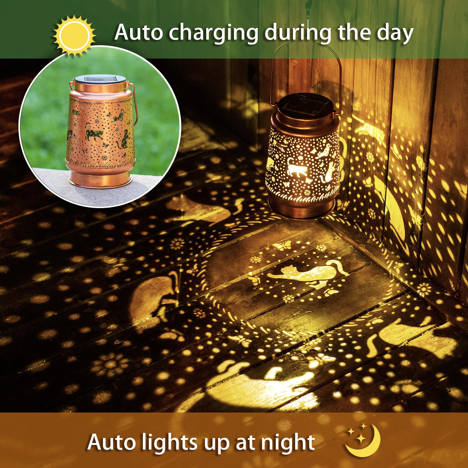 EZTZEN 2 Pack Cat Solar Lanterns, Waterproof Metal Decorative Lights for Garden, Brown, Model HW-DL-026-2pack