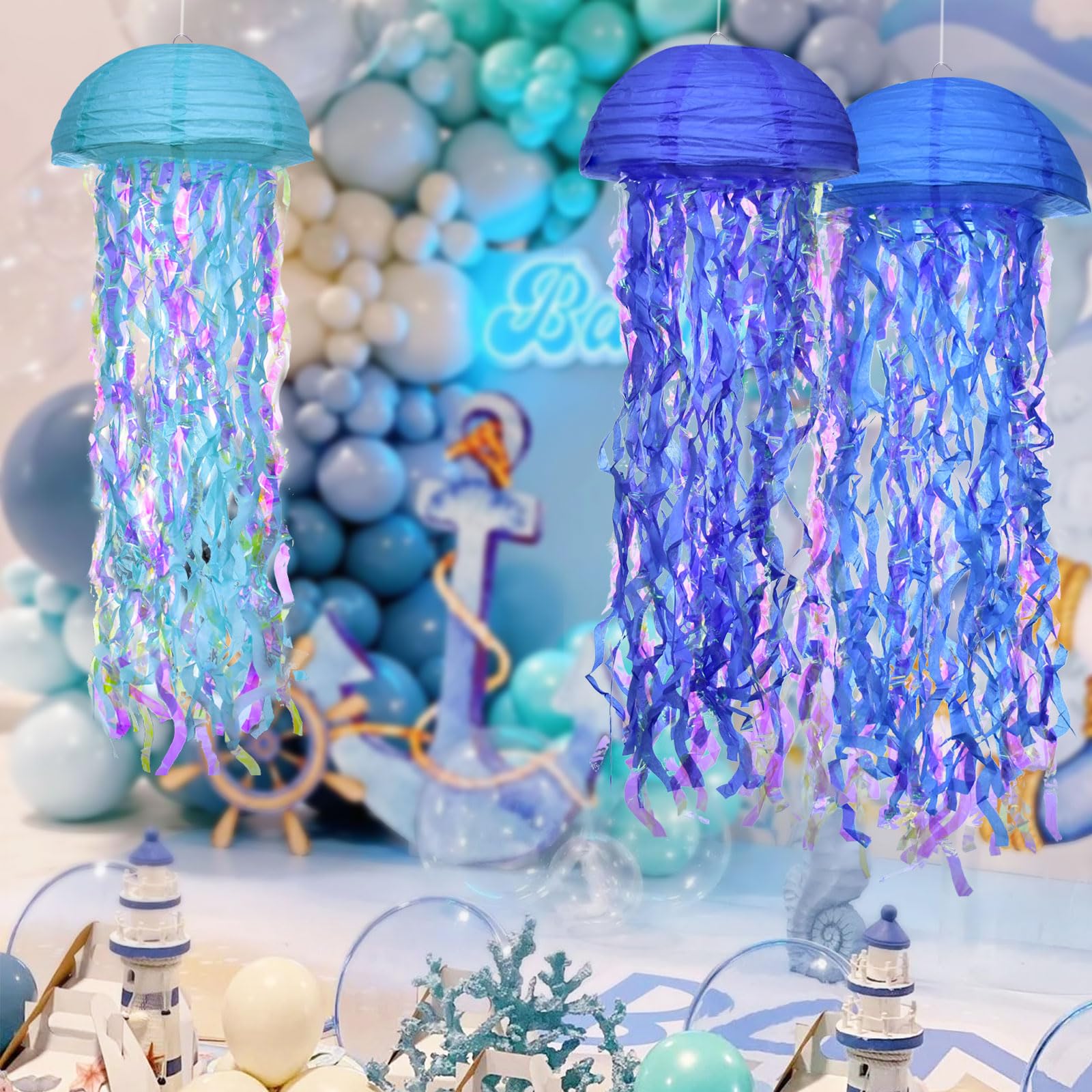 Hanging Jellyfish Paper Lanterns - Hoyechi Gradient Colorful Decor For Mermaid Theme Party, Ocean Birthday, Baby Shower, Nursery, Set Of 6