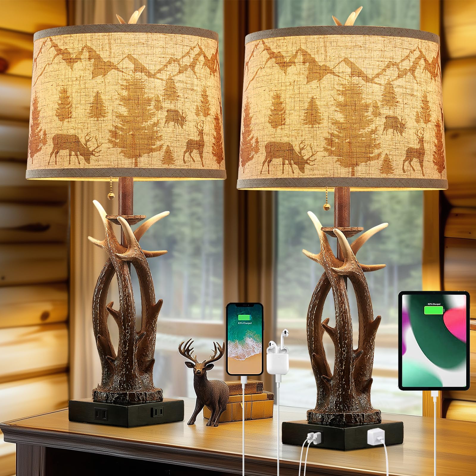 Farmhouse Deer Antler Table Lamps Set of 2 Rustic Western Bedside Lamp with USB A+C & Outlet for Log Cabin Bedroom Hunting Theme