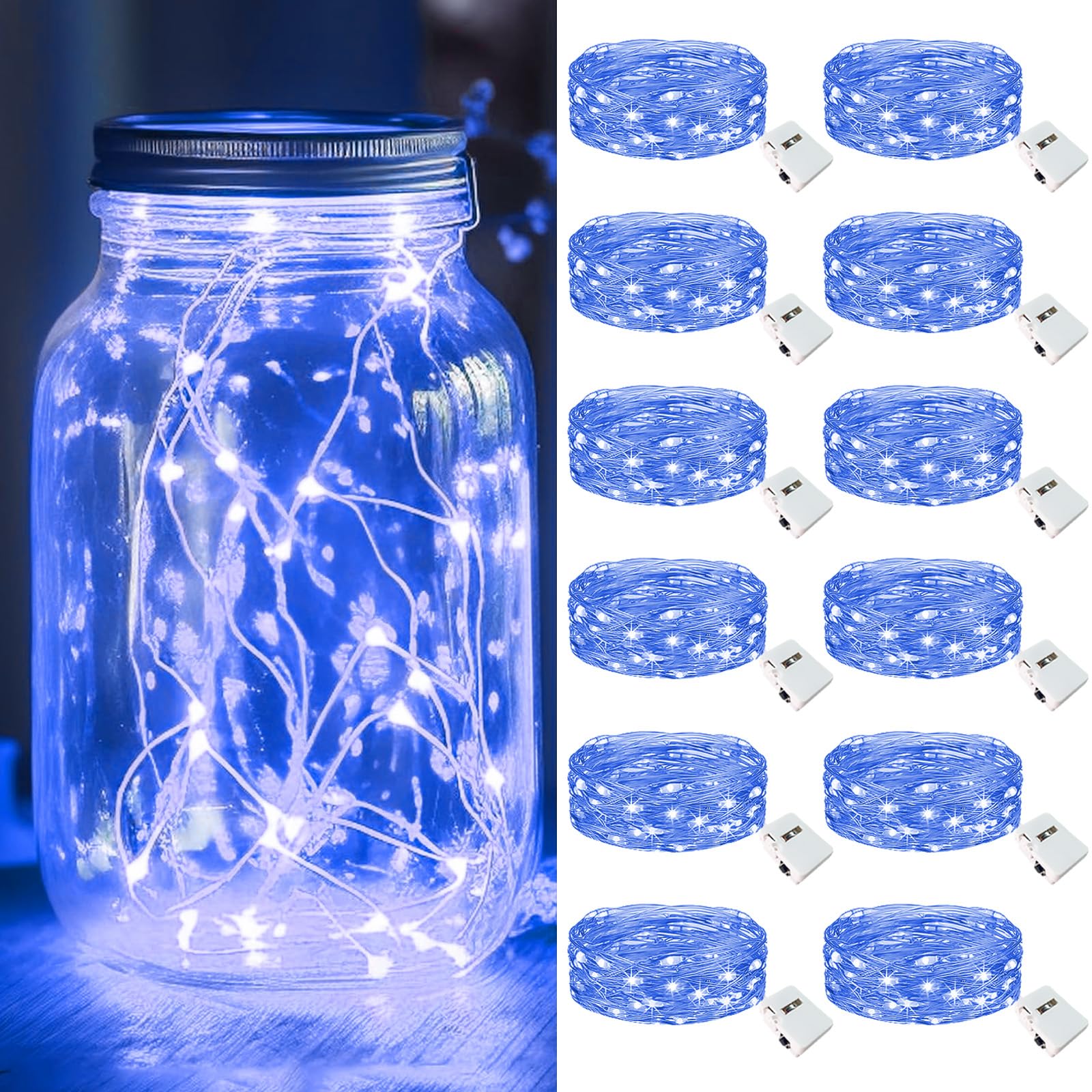 kolpop LED Fairy Lights, 12 Pack Battery Operated Twinkle String Lights, Waterproof for Christmas, Blue