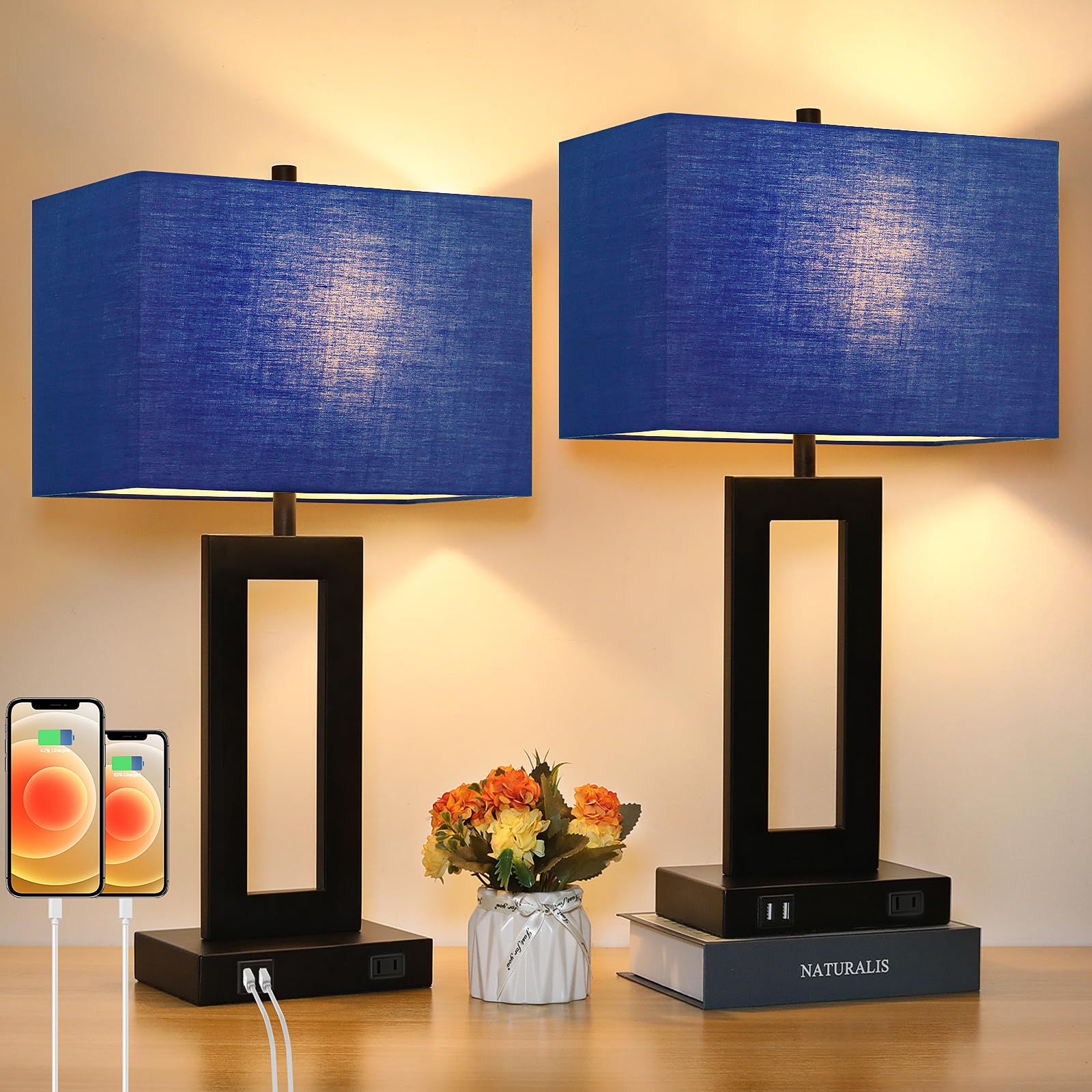 Set of 2 Touch Control Table Lamps with 2 USB Ports&AC Outlet  3-Way Dimmable Modern Nightstand Lamp Sets  Bedside Desk Lamps for Bedroom Living Room End Tables Reading  Bulbs Included  Blue Shade