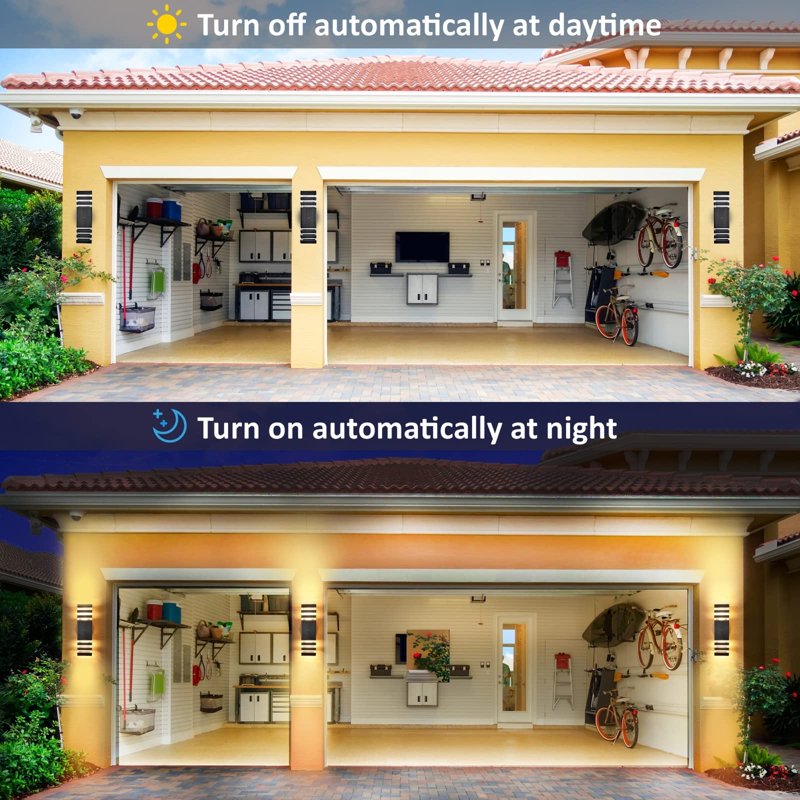 DARIISI Dusk to Dawn Outdoor Wall Lights 2 Pack, Waterproof Black Aluminum Fixtures for Porch, Garage, Patio - Model XSJ-221003