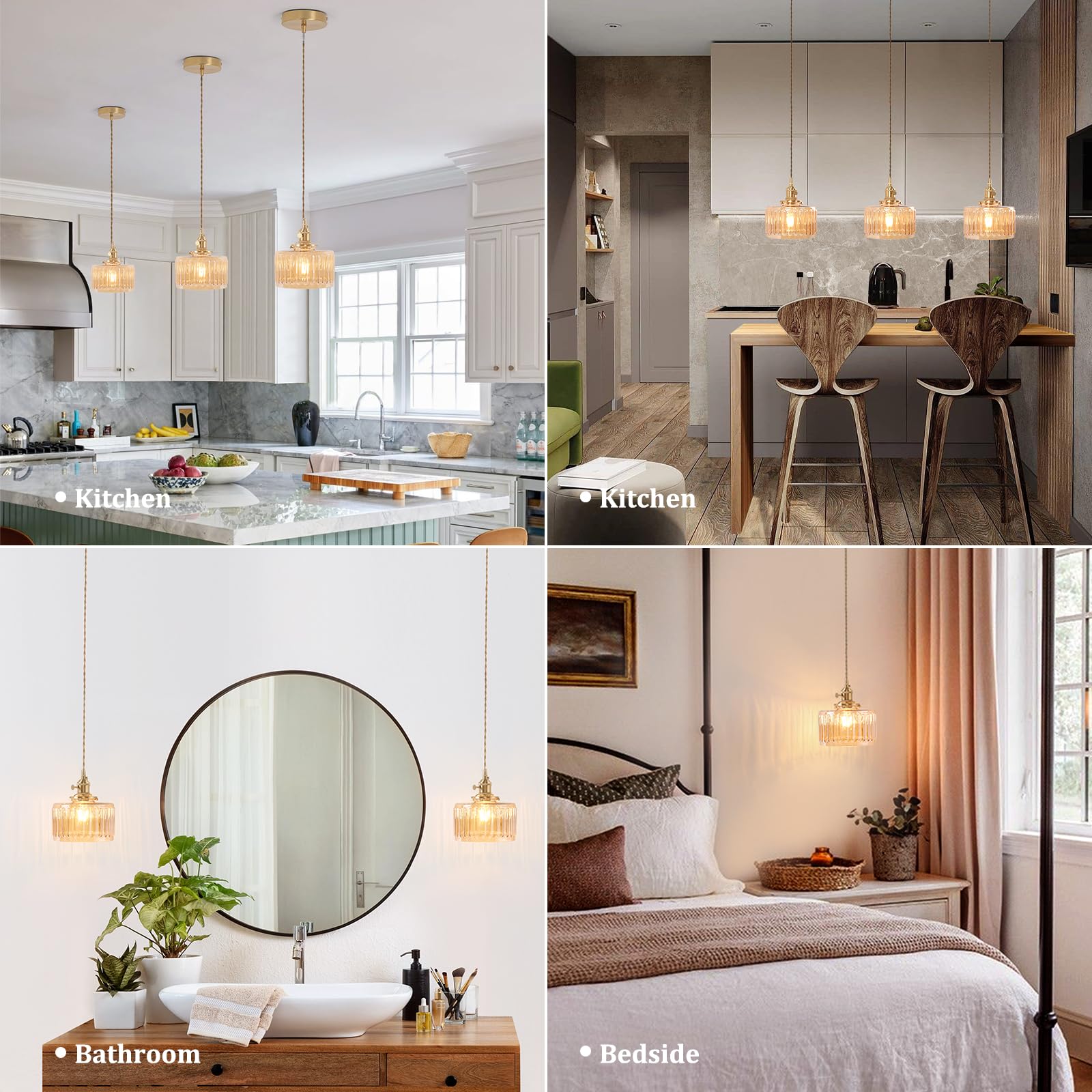 Shenmoyl Pendant Light With Amber Striped Glass Lmapshade, Brass Vintage Pendant Light Adjustable Hanging Light For Kitchen Isla