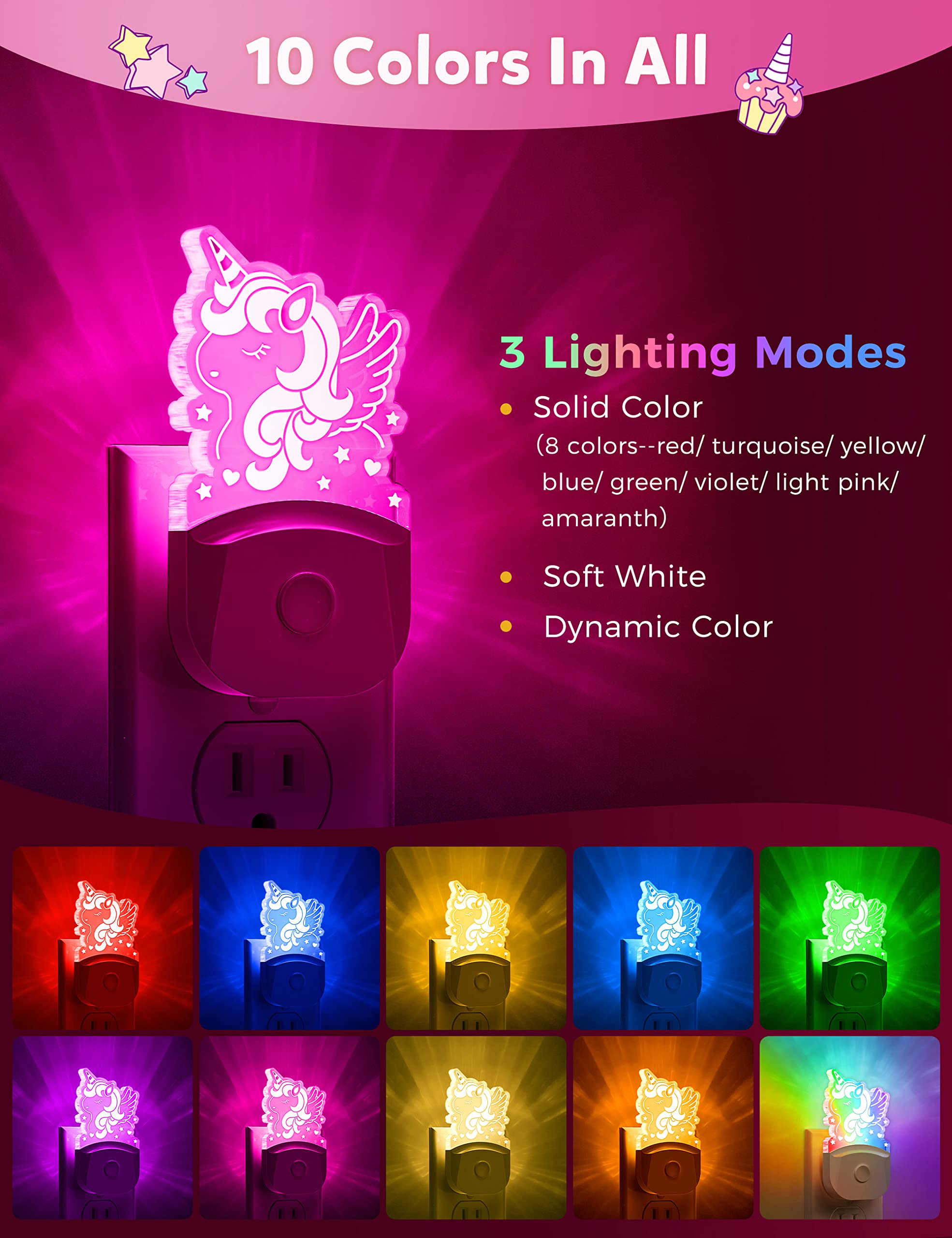 Cute Night Light For Kids [2 Pack], Plug In Night Light, 8 Color Changing Baby Night Light With Dusk To Dawn Sensor, Nightlights