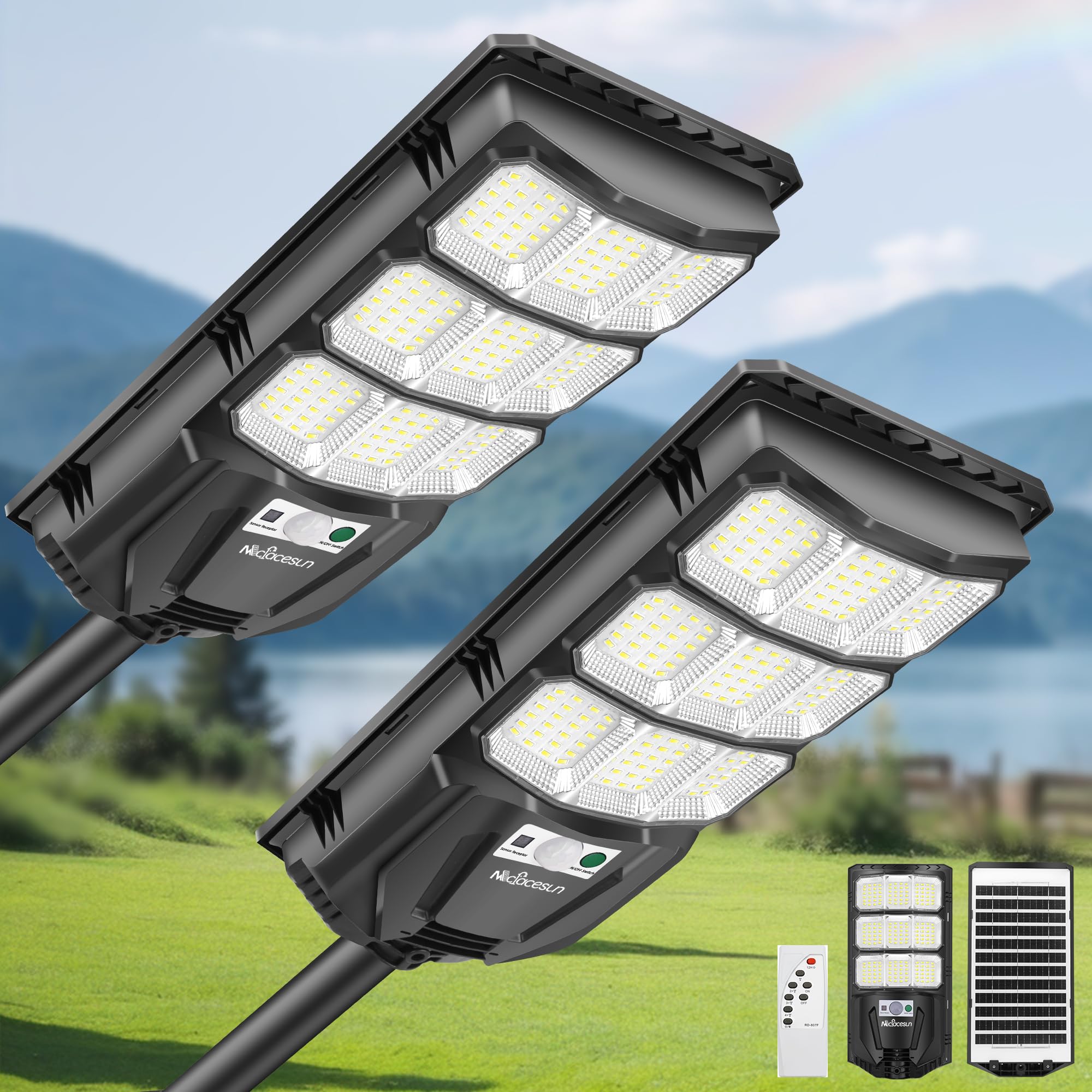 Mcfacesun Solar Lights Outdoor 12000LM -6500K Solar Street Light Easy Installation, Outdoor Flood Lights with Motion Sensor & Du