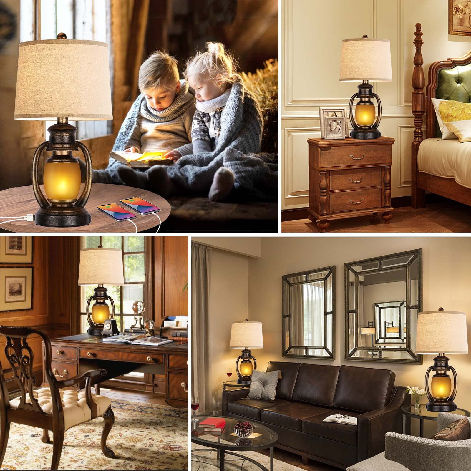 Set Of 2 Rustic Living Room With 2 Usb Port And Outlet,Farmhouse Table Bedside Lamps For Bedroom,Vintage Cottage Nightstand Lamp