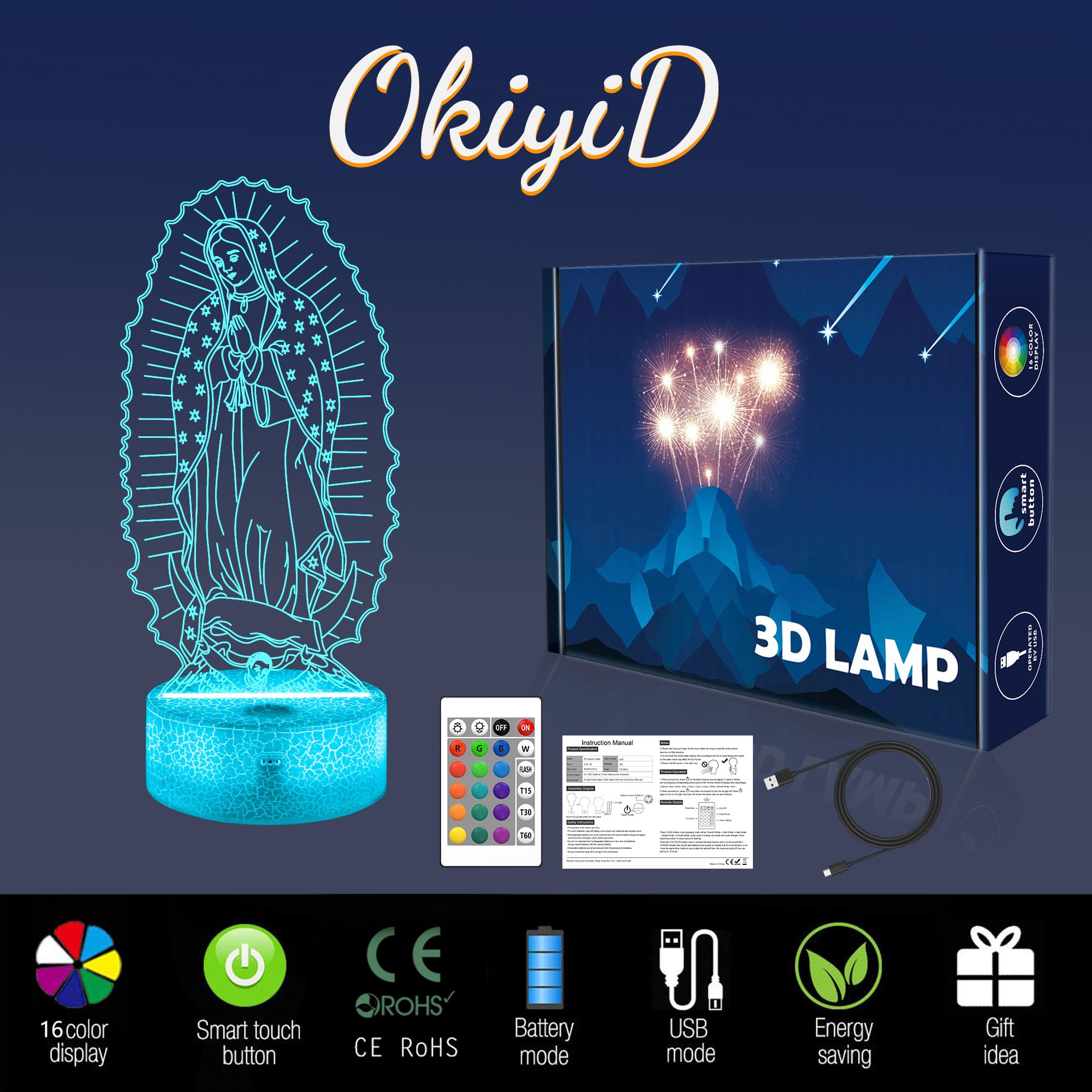 Okiyid Catholic Gifts For Women, Virgin Mary 3D Illusion Lamp Led Night Light For Catholic Decor, Unique Religious Christian Bel