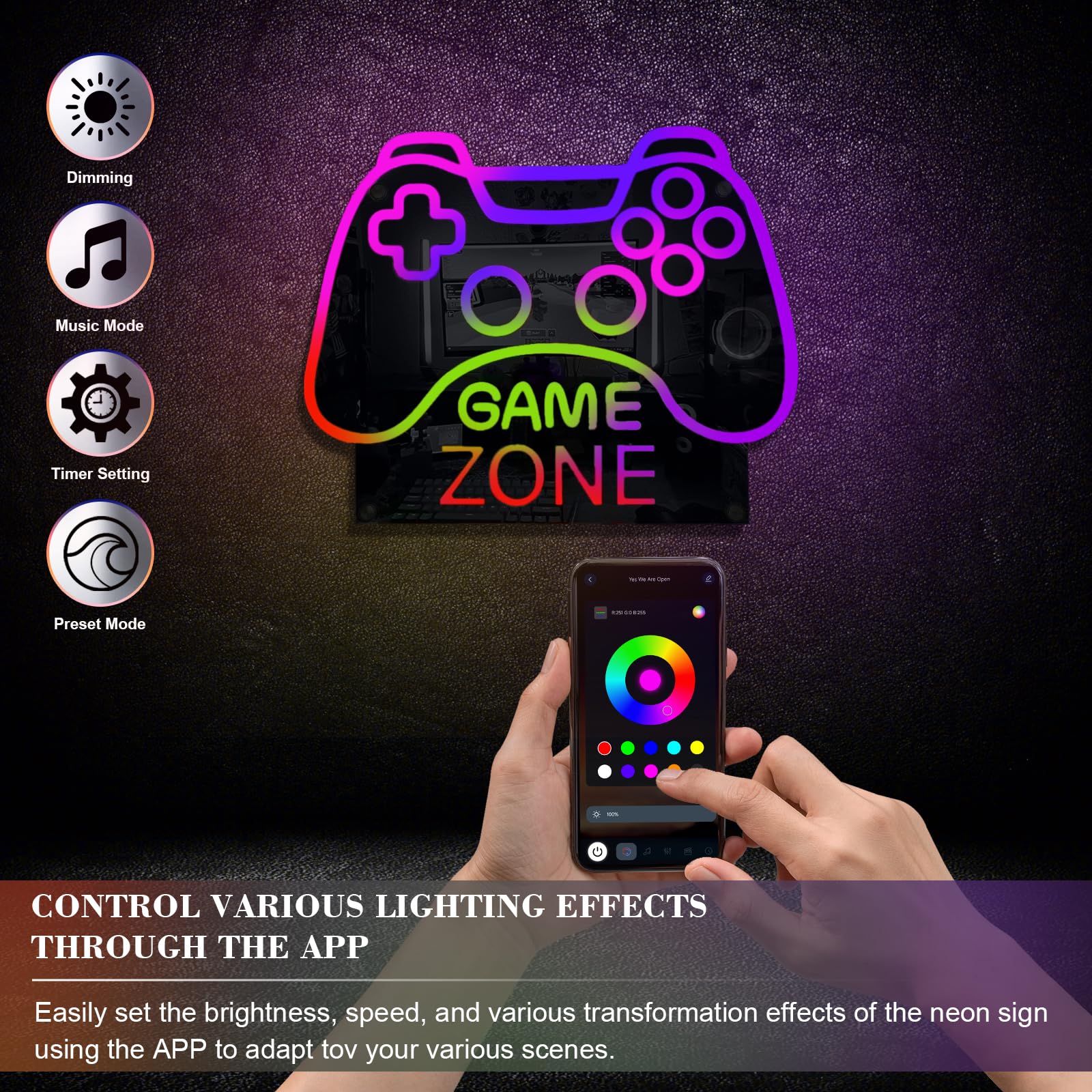 ineonlife Game Zone Controller Neon Sign LED Lights for Gaming Room 11.42 x 14.17 inches Mirrored Colorful Design