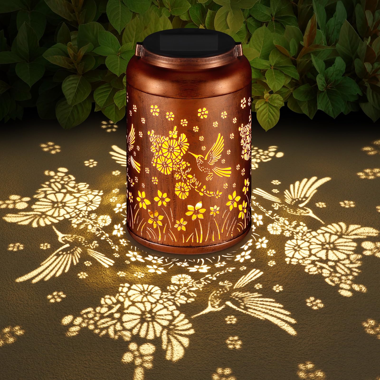 Solar Lantern Outdoor Hanging Waterproof Outside Metal Openwork Hummingbird Pattern Birthday Gifts for Women Mom Landscape Light