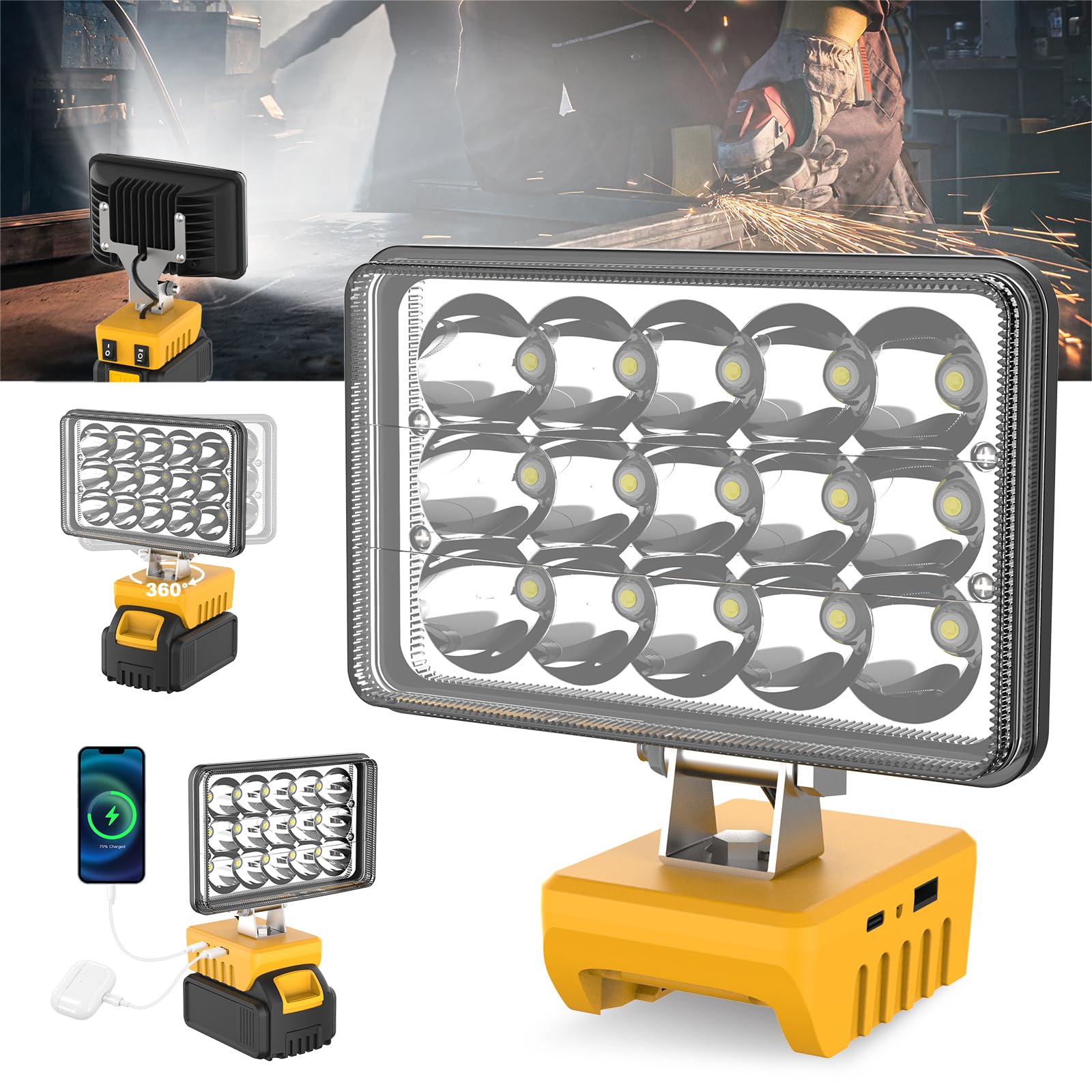Cordless Work Light Compatible with Dewalt 18V 20V Battery, 7000LM 360 Rotatable Underhood Work Light, Portable Work Light with 
