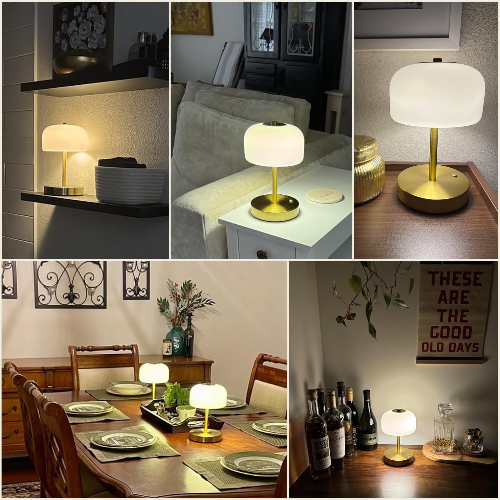 Oneach 9'' Cordless Table Lamp, Gold Rechargeable Battery Operated Lamp, 3-Way Stepless Dimming Touch Lamps, Small Glass Bedside