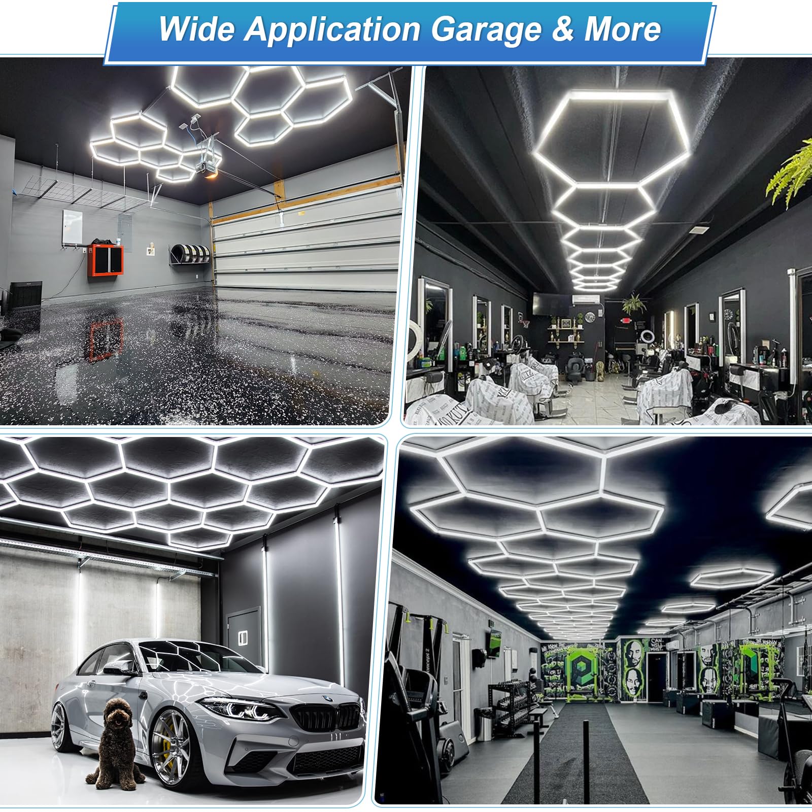 LZHOME LED Hexagon Garage Light - Dimmable 10-100%, 79200LM, 18-HEX, White, Polycarbonate for Garage, Gym, Basement, Hair Salon
