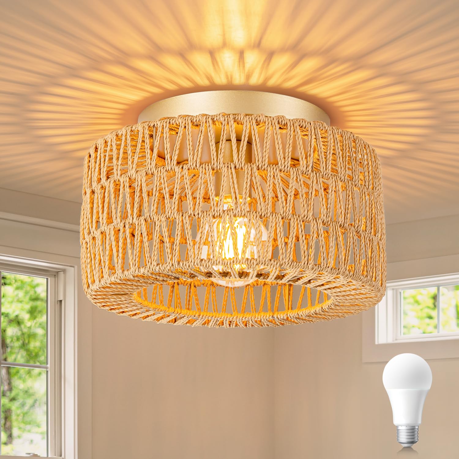 Sinerise Rattan Ceiling Light Fixtures (12-Inch, Led Bulb Included), Hand-Woven Boho Flush Mount Ceiling Light, Rattan Chandelier For Hallway Kitchen Farmhouse Foyer Entryway Living Room(Gold)
