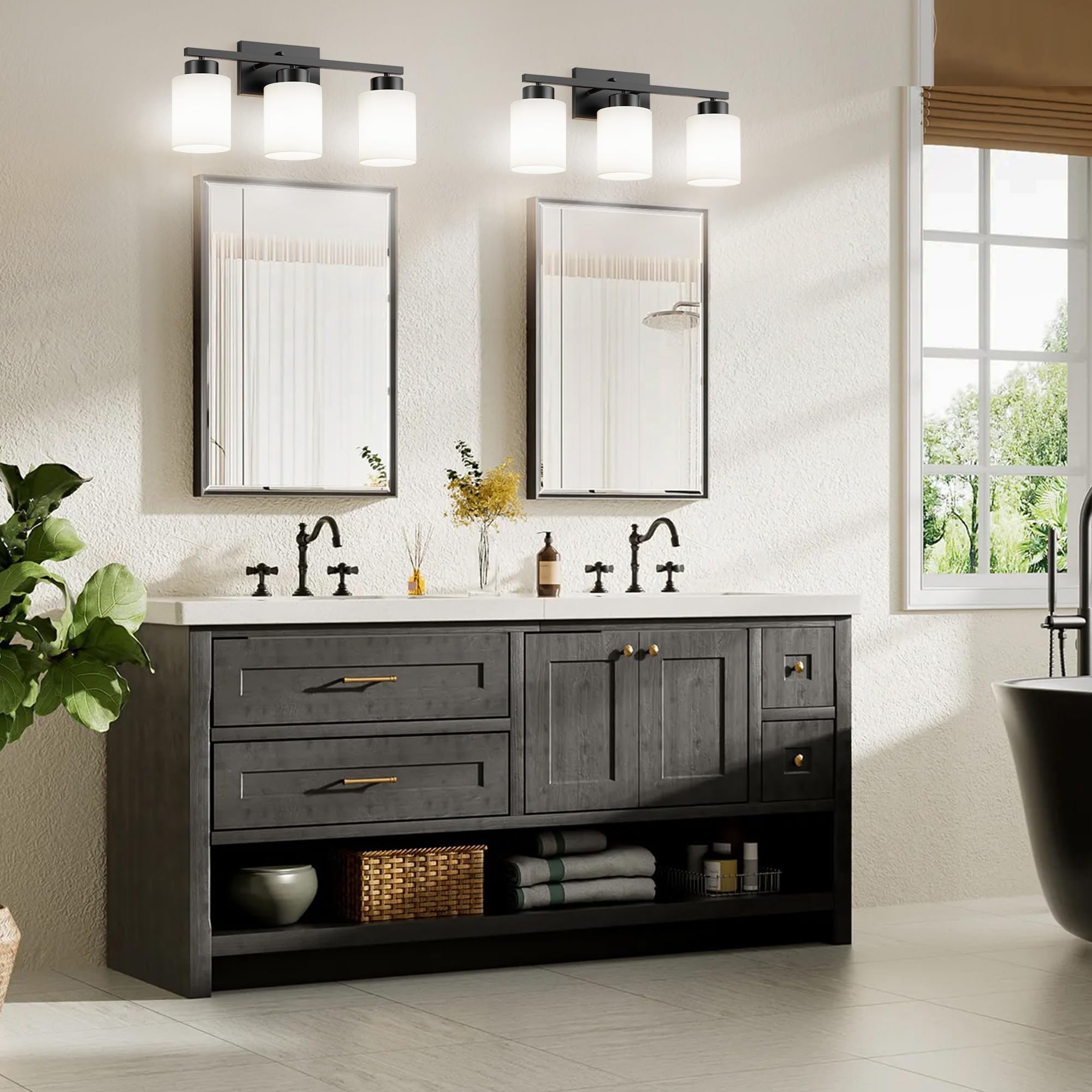 Partphoner 3-Light Matte Black Bathroom Light Fixtures  Modern Vanity Light Over Mirror Lighting  Wall Sconce With Frosted Milky White Glass Shades For Bedroom Living Room Kitchen Hallway