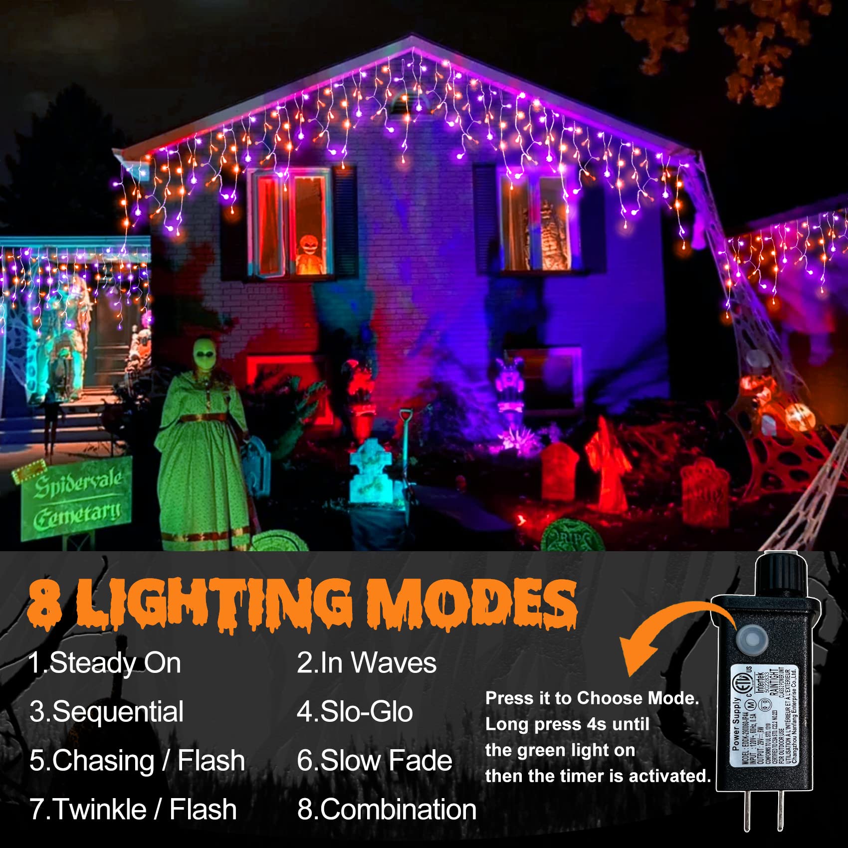 Halloween Icicle Lights Outdoor, 512 Led 46.5 Ft 8 Lighting Modes With Timer & Memory, Curtain Fairy String Lights With 96 Drops For Halloween Decorations Holiday Party Eaves Yard (Purple & Orange)