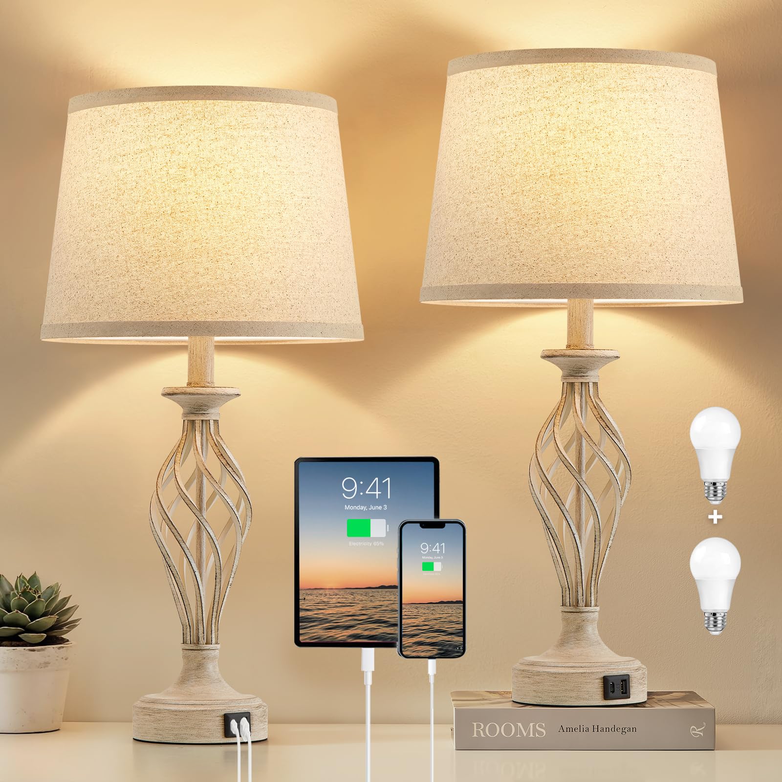 EJIAXIN Bedside Table Lamp for Bedroom Set of 2 - Beige Nightstand Lamps with USB C+A Ports Rustic Distressed Farmhouse Bedroom Lamp - Lamp for Living Room Reading Bed Side End Table Bulbs Included