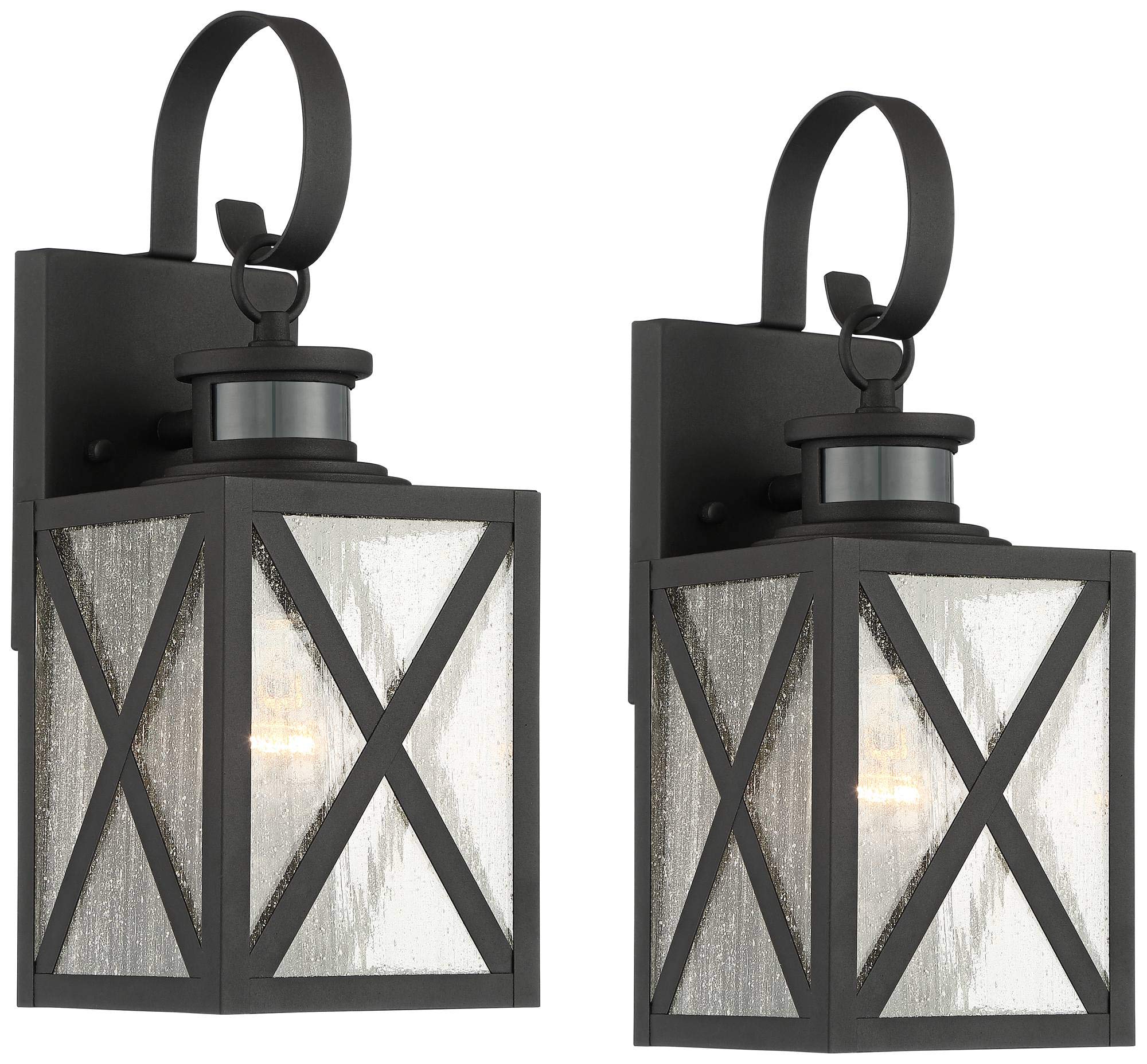 John Timberland Outdoor Wall Light Fixtures Set of 2, Carriage Style, Textured Black, 14.5in, Clear Seedy Glass, Dusk to Dawn, Motion Sensor