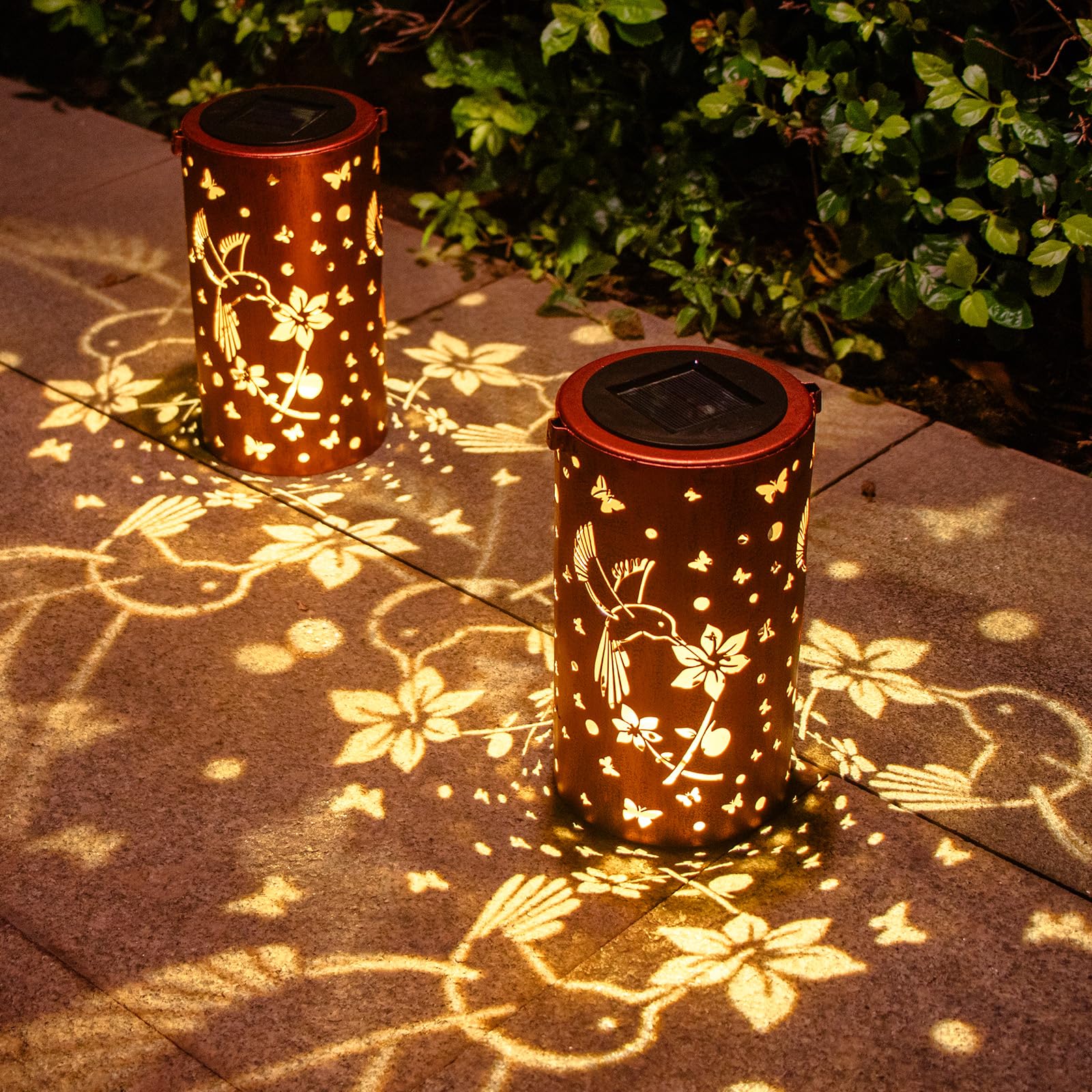 DIBIEECN Hummingbird Solar Lanterns, 2 Pack, Metal, Bronze, Model DL-DOUBLE-01, Outdoor Hanging Decor