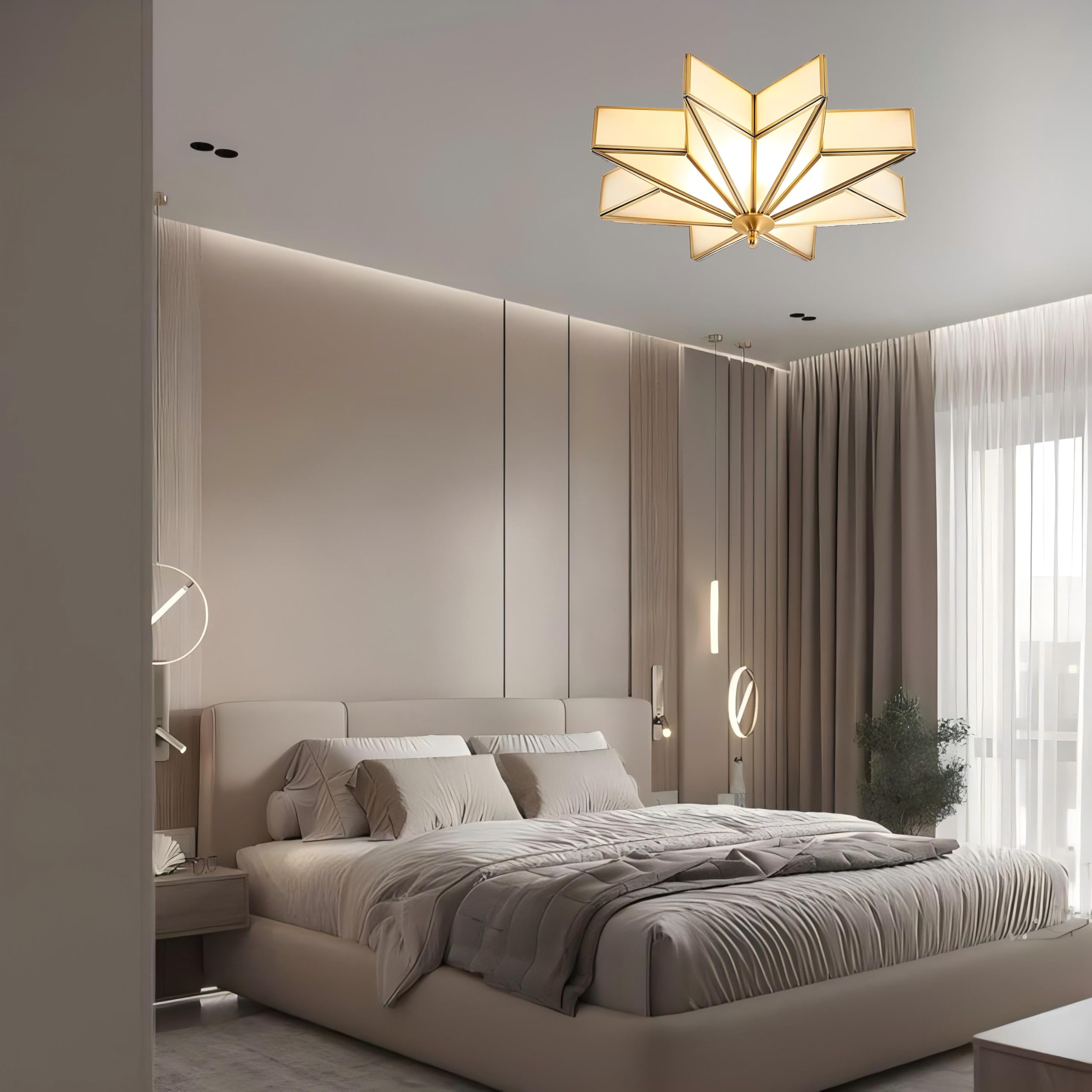 LIGHTLAND Flush Mount Ceiling Light, 4 Lights, Glass Lampshade, 19.7 Inch, Bronze Color, Art Deco Design for Bedroom Living Room