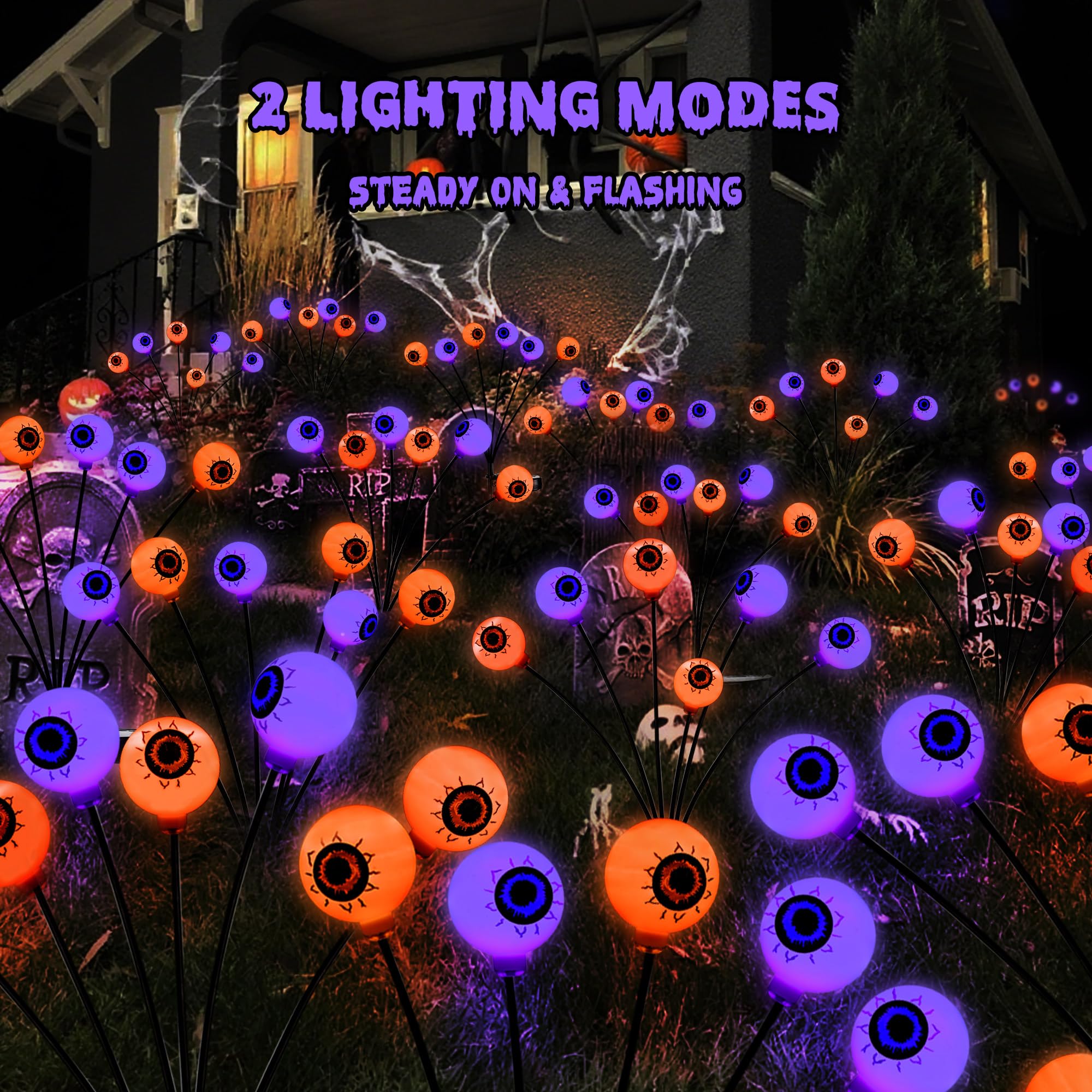 BrizLabs 6 Pack Solar Halloween Eyeball Lights, Waterproof Outdoor Pathway Lights, Orange & Purple