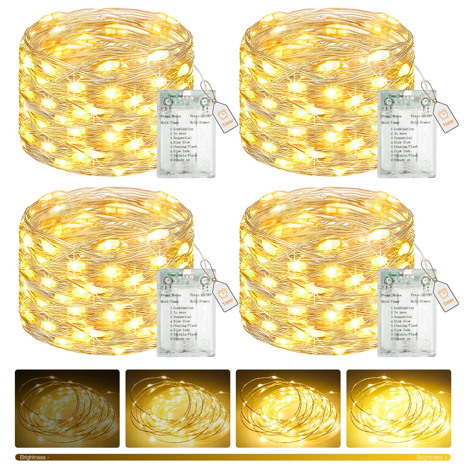 btfarm 4 Pack Fairy Lights Battery Operated with Timer, 16.4 FT 50 LED Silver Wire Twinkle String Lights 8 Modes Dimmable Waterp
