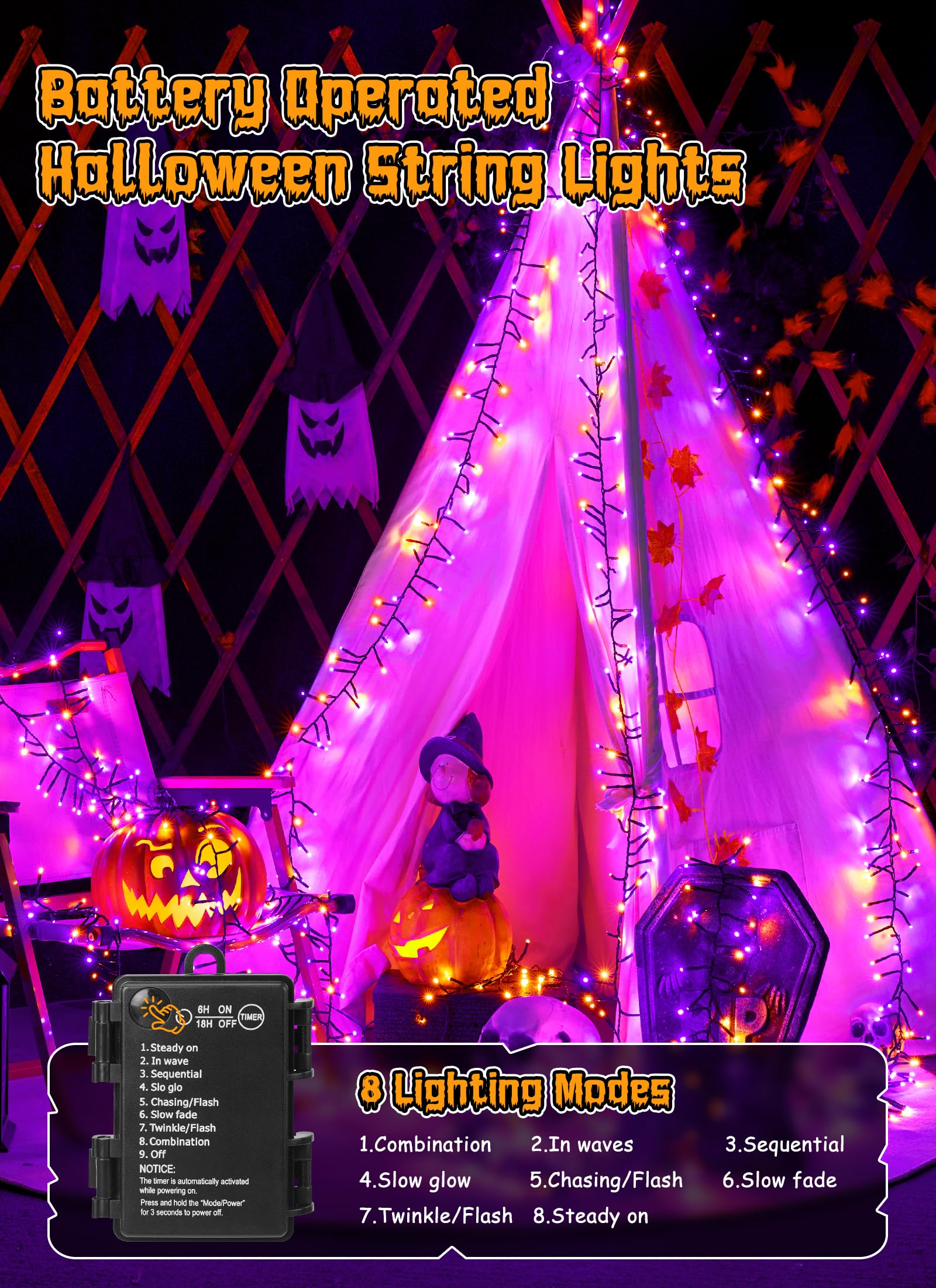 Brightown 2 Pack 10Ft 120 Led Halloween String Lights Battery Operated Outdoor, Orange And Purple Cluster Lights, 8 Modes Waterproof Twinkle Fairy String Lights For Indoor Halloween Decorations