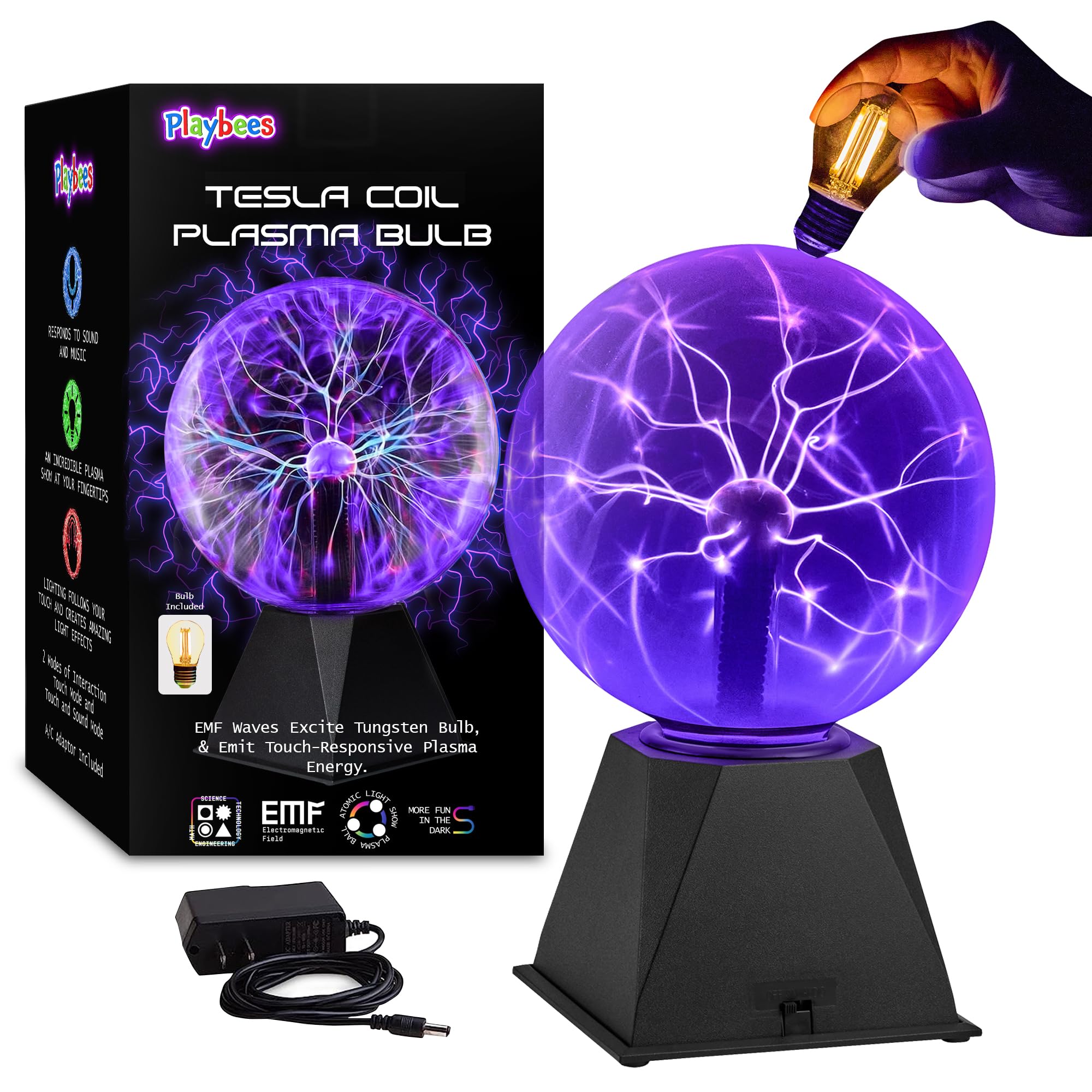 Playbees Colorful Plasma Ball - 7 Inch Tesla Coil Bulb - Purple Glass Globe for Parties, Decorations, STEM - Model PB-PLASMA-P