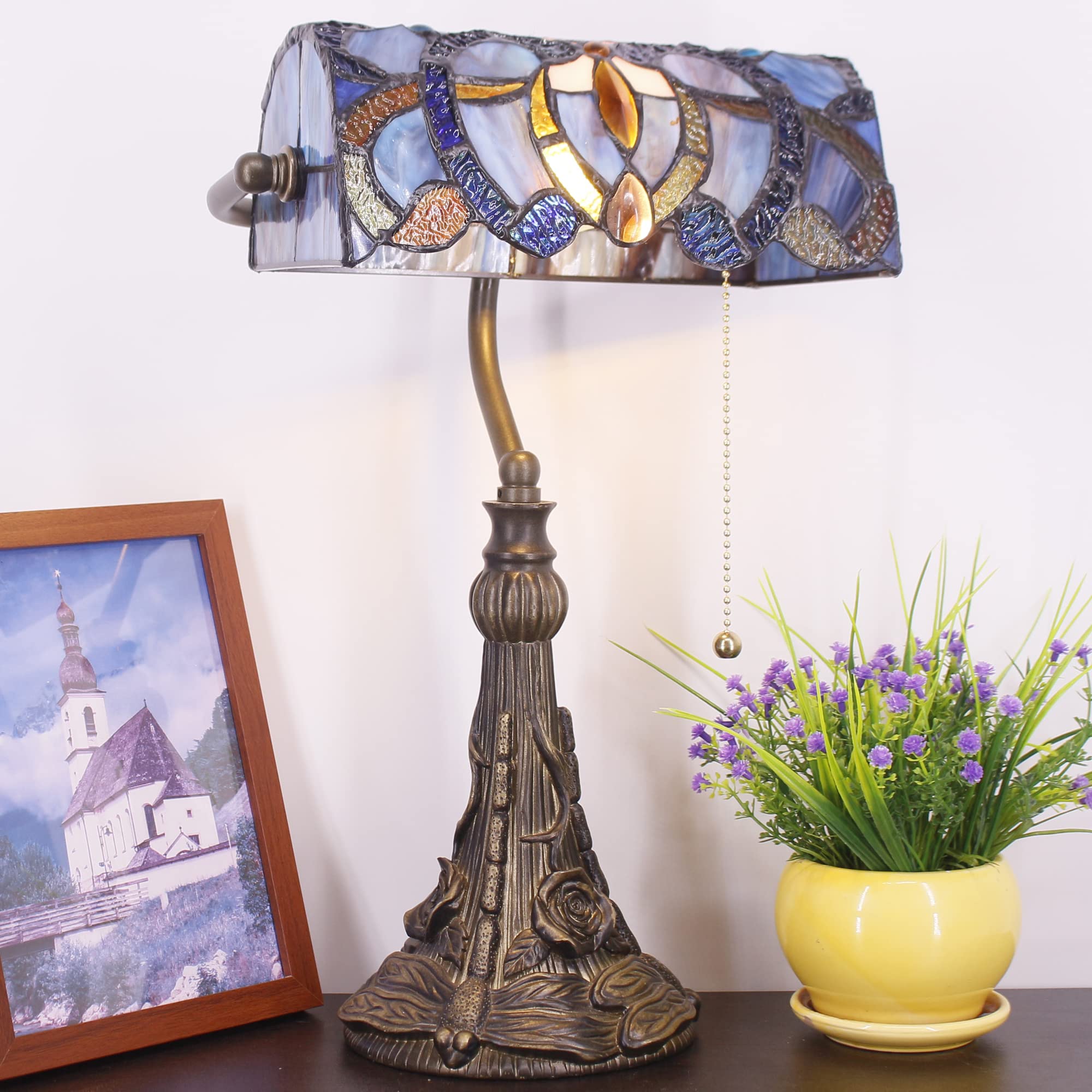 Tiffany Banker Lamp Small Stained Glass Table Lamp Tiffany Style Piano Light Blue Purple Cloudy Style Desk Lamp Angle Adjustable