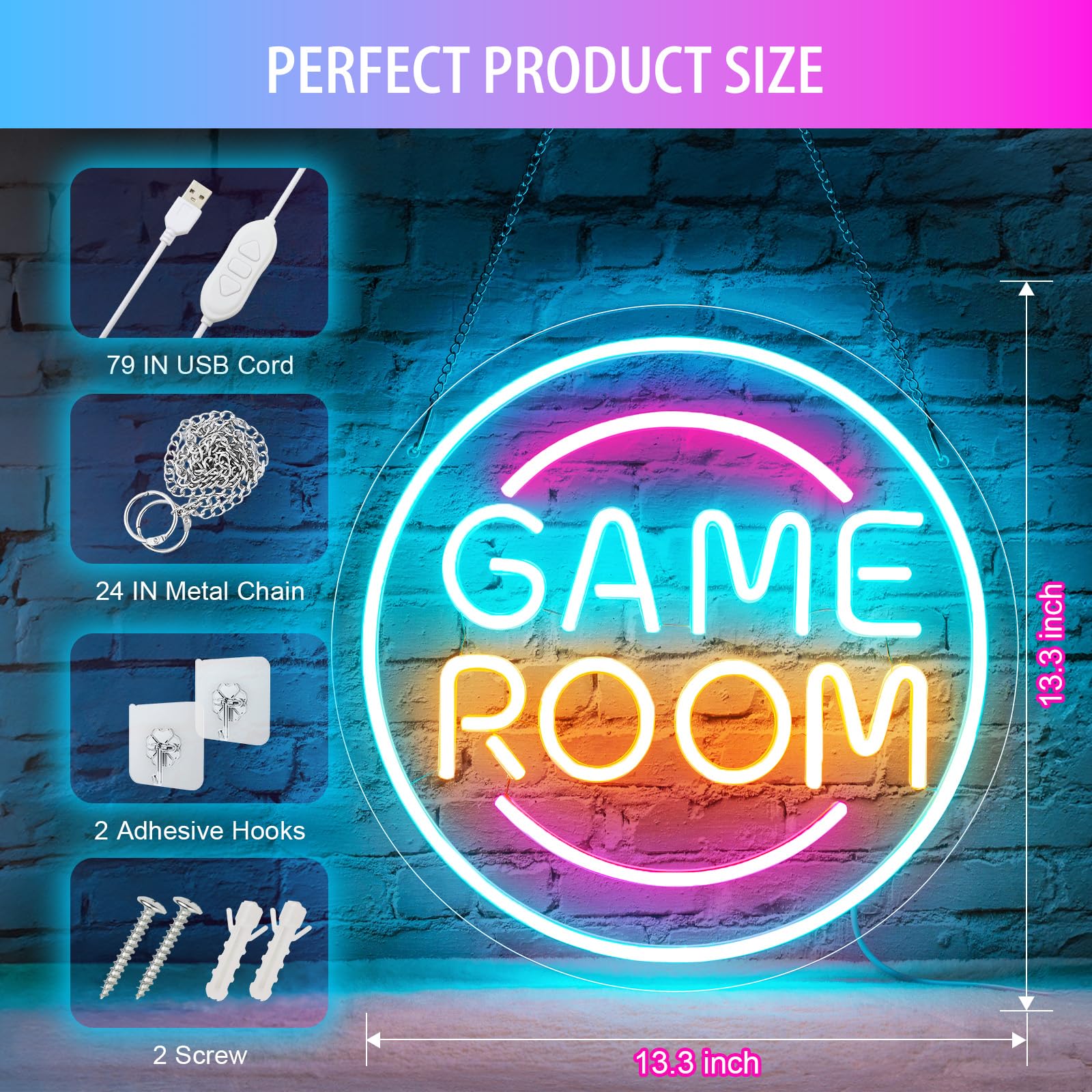 Basaneon Gamer Neon Sign, Dimmable LED Wall Decor, 13.3inx13.3in, Acrylic, D-Game Room, Model ZF-Game Room, Perfect for Boys Room