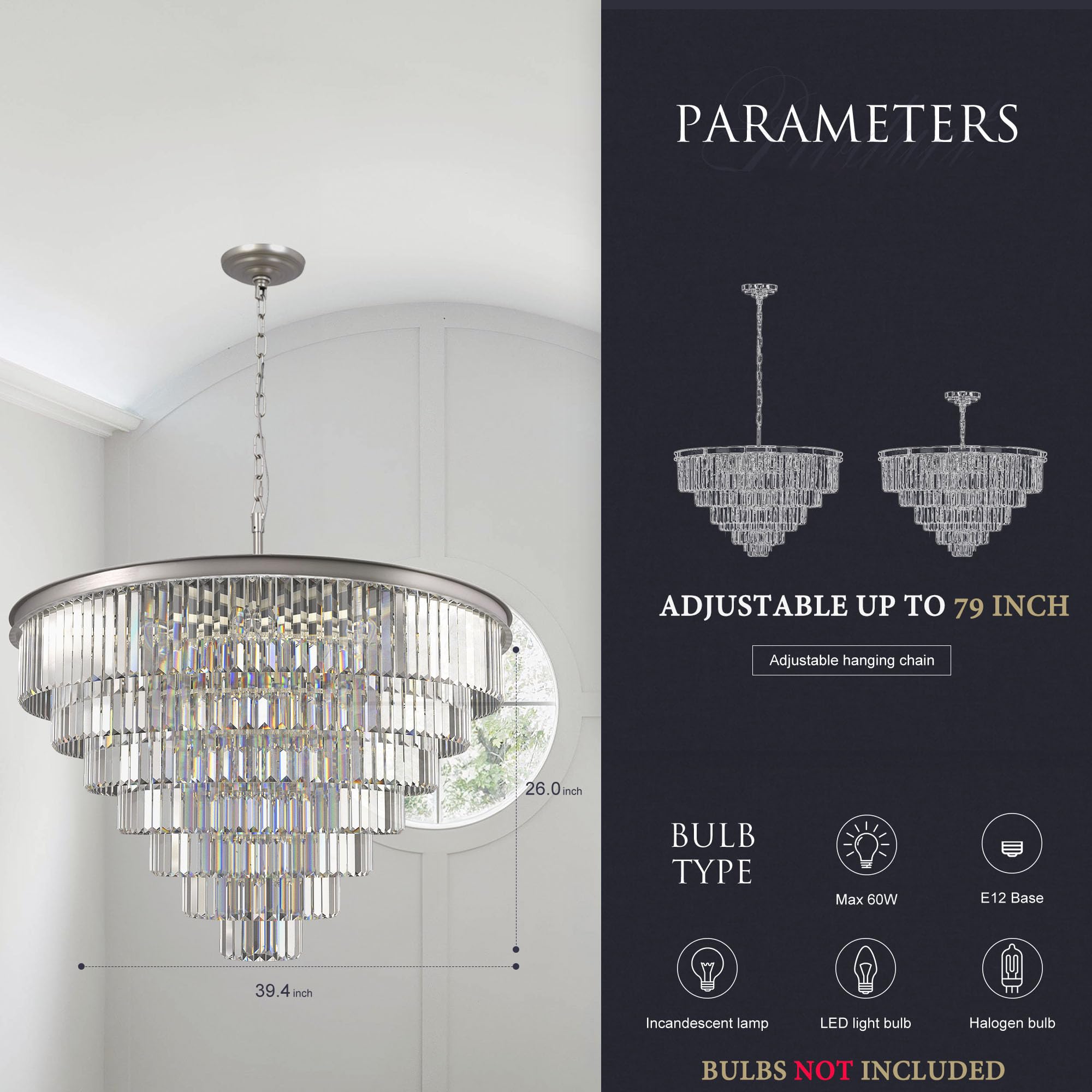 MEELIGHTING Nickel Metal 7-Tier Crystal Chandelier Pendant Light Fixture for Dining, Living Room, Kitchen - Model ML2949-1000mm-N